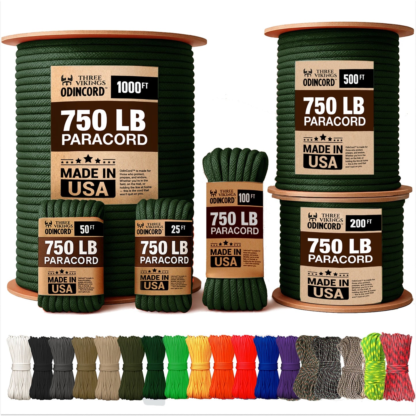 Three Vikings Premium Paracord Rope / Parachute Cord - 750lbs Type IV - 11 Strand Core - in Many Colors and Continuous Spools - Dark Green