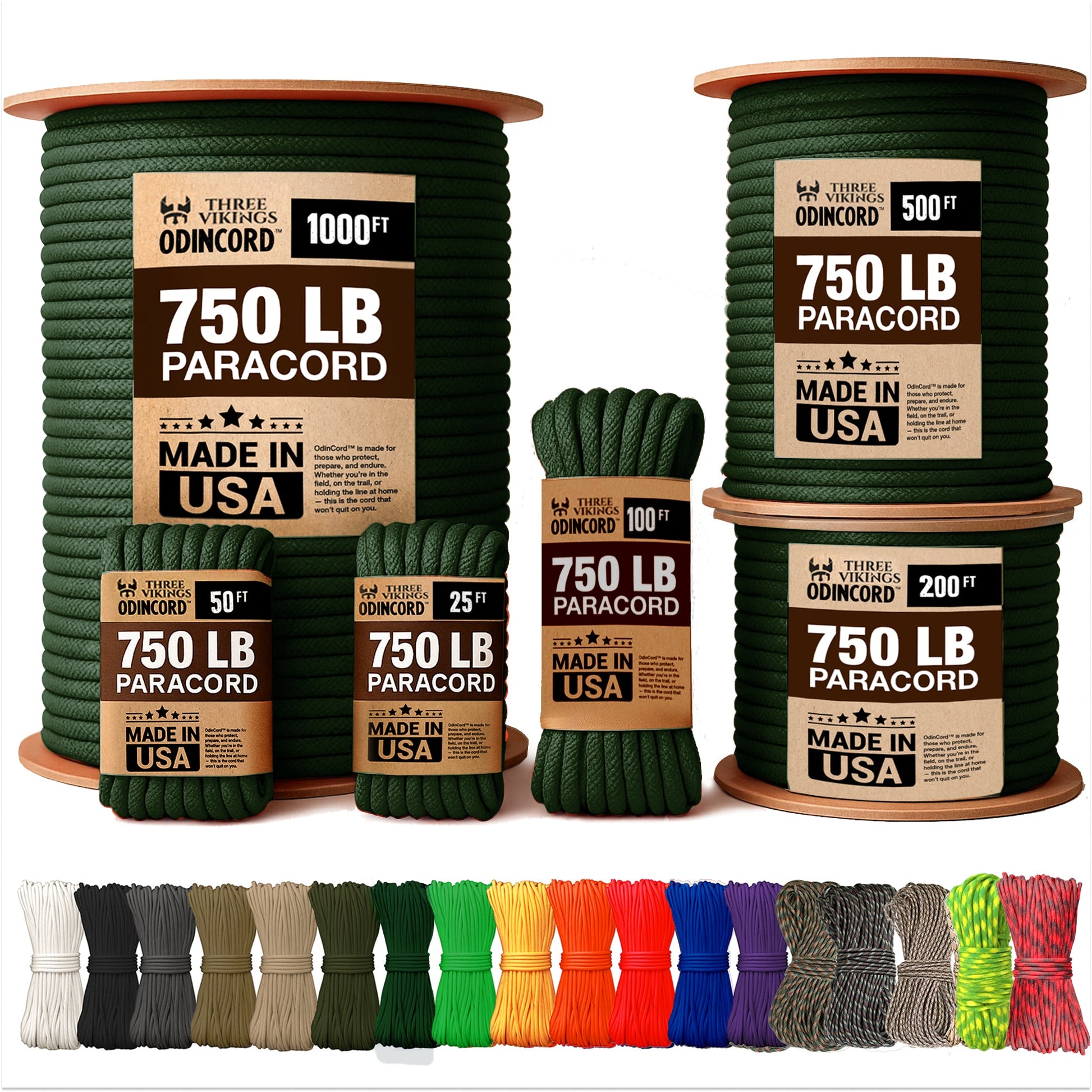 Three Vikings Premium Paracord Rope / Parachute Cord - 750lbs Type IV - 11 Strand Core - in Many Colors and Continuous Spools - Dark Green