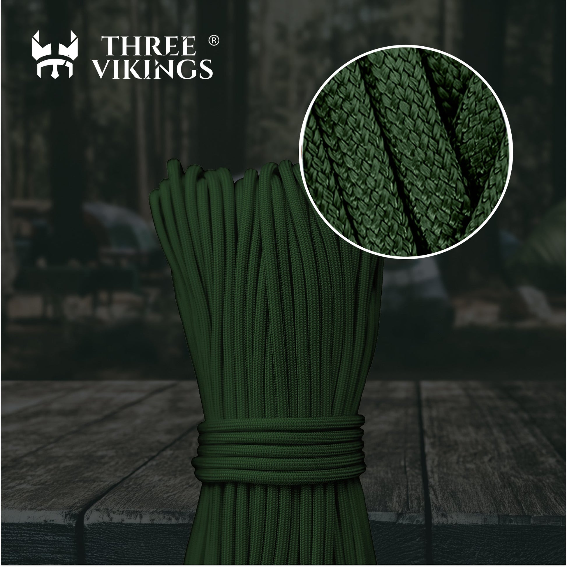 Three Vikings Premium Paracord Rope / Parachute Cord - 750lbs Type IV - 11 Strand Core - in Many Colors and Continuous Spools - Dark Green