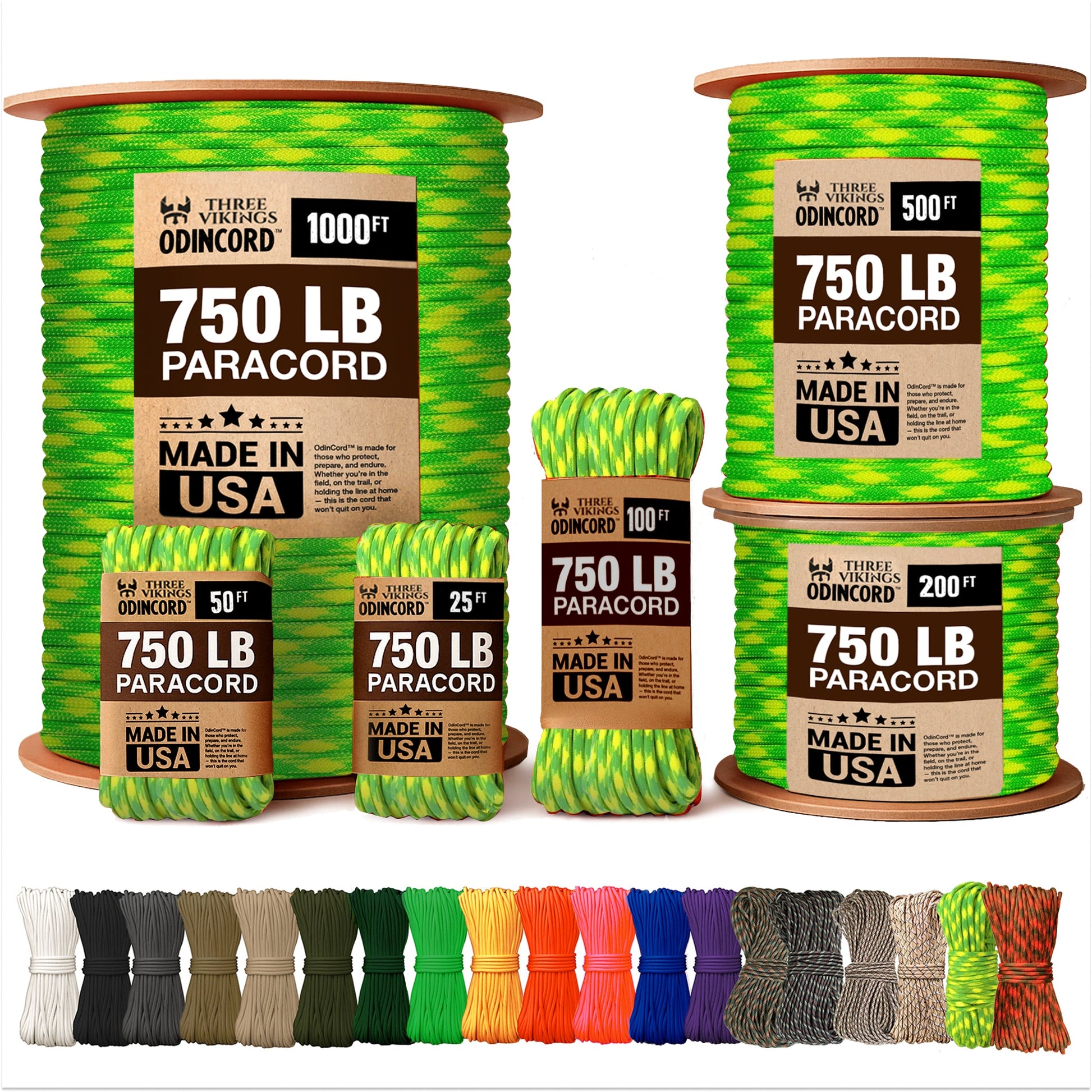 Three Vikings Premium Paracord Rope / Parachute Cord - 750lbs Type IV - 11 Strand Core - in Many Colors and Continuous Spools - Dayglow