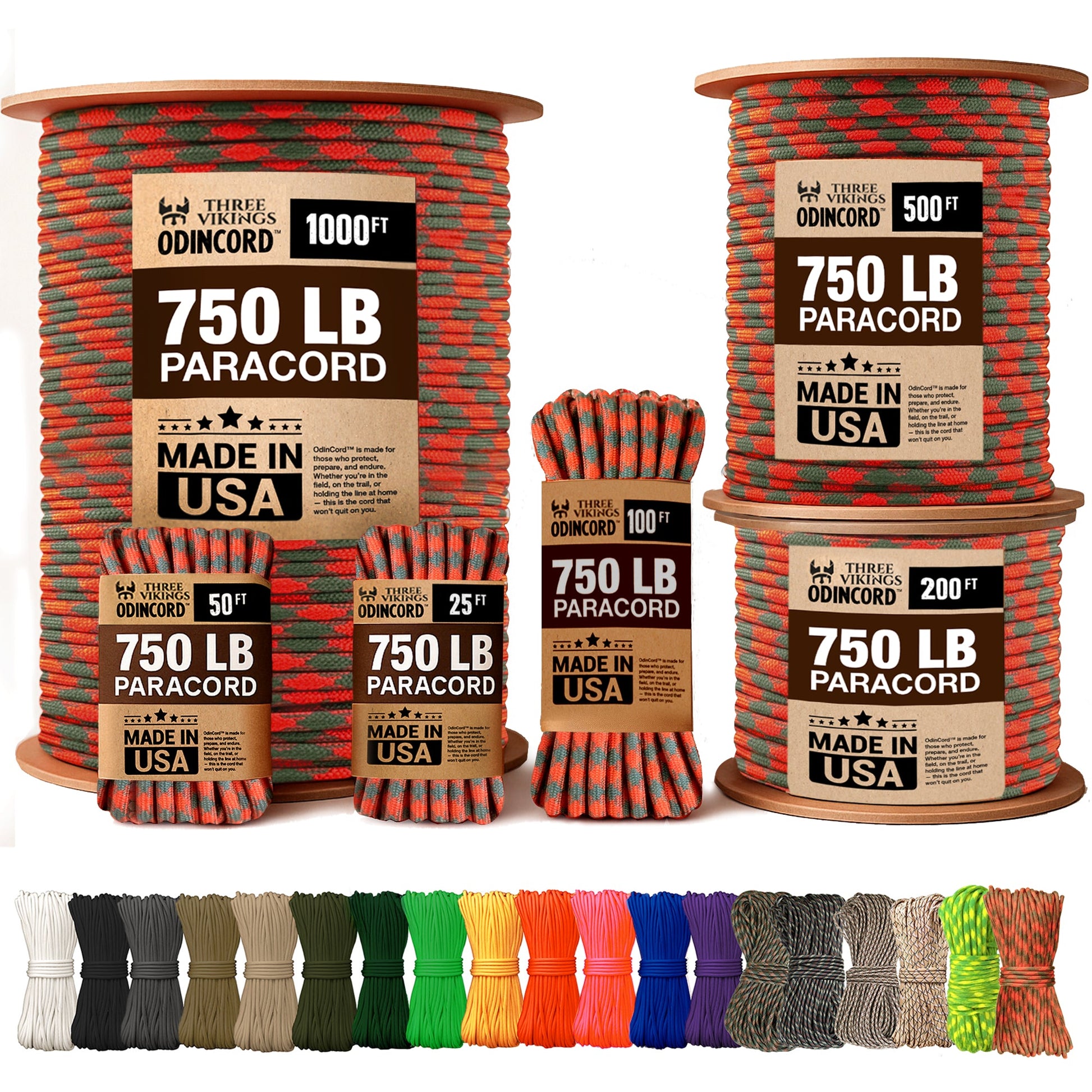Three Vikings Premium Paracord Rope / Parachute Cord - 750lbs Type IV - 11 Strand Core - in Many Colors and Continuous Spools - Huntin Season