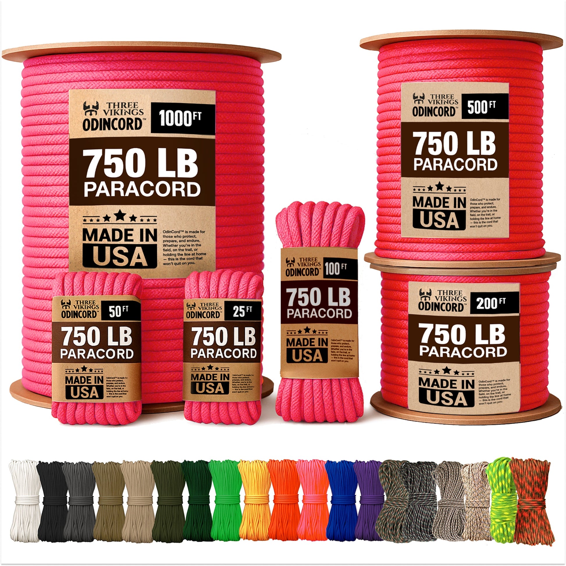 Three Vikings Premium Paracord Rope / Parachute Cord - 750lbs Type IV - 11 Strand Core - in Many Colors and Continuous Spools - Neon Pink