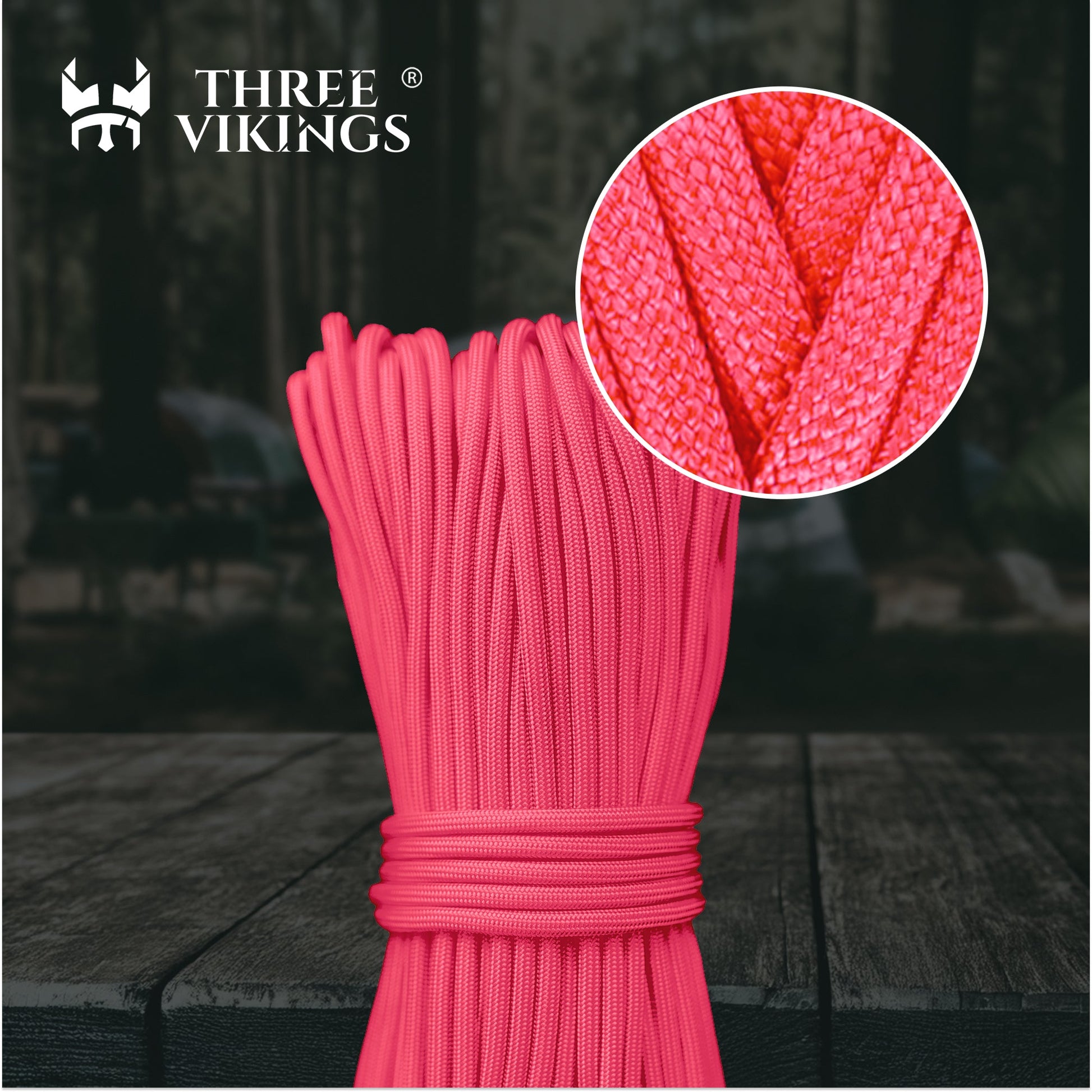 Three Vikings Premium Paracord Rope / Parachute Cord - 750lbs Type IV - 11 Strand Core - in Many Colors and Continuous Spools - Neon Pink