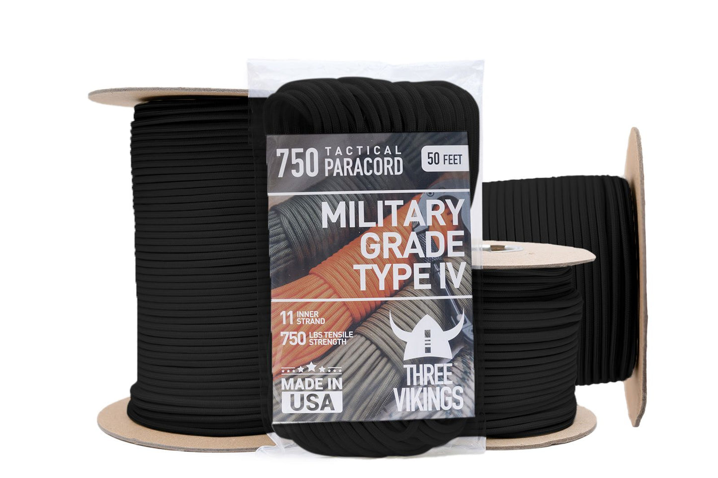 Three Vikings Premium 750 Paracord / Parachute Cord in Many Colors and Continuous Spools - Coiled in Bag - Black 750 lb.