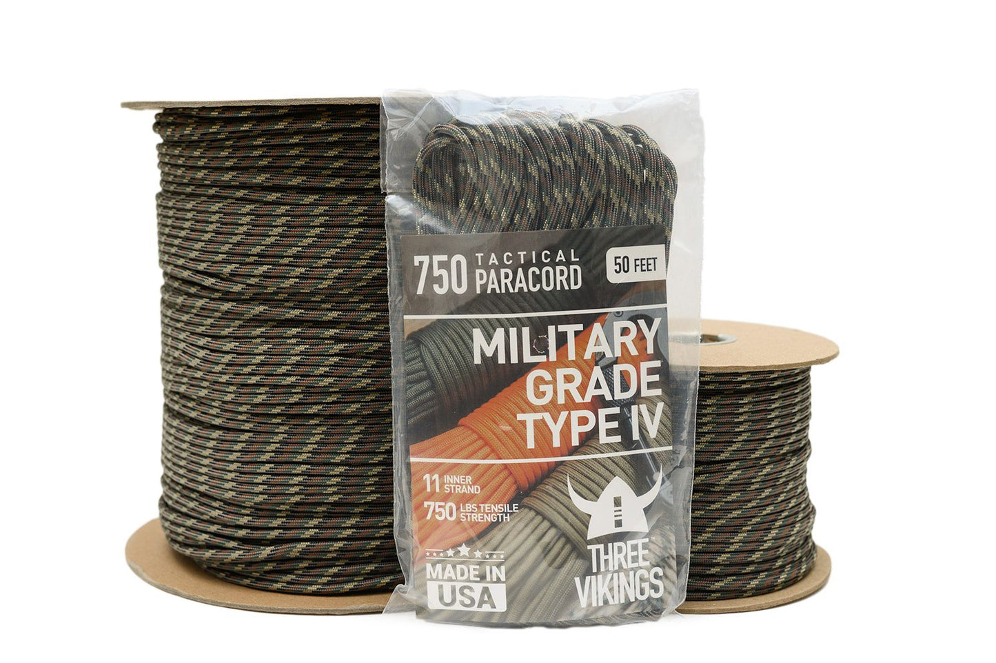 Three Vikings Premium 750 Paracord / Parachute Cord in Many Colors and Continuous Spools - Coiled in Bag - Camo 750 lb.