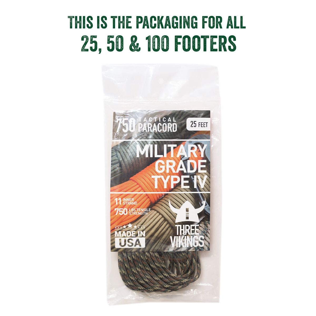 Three Vikings Premium 750 Paracord / Parachute Cord in Many Colors and Continuous Spools - Coiled in Bag - Camo 750 lb.