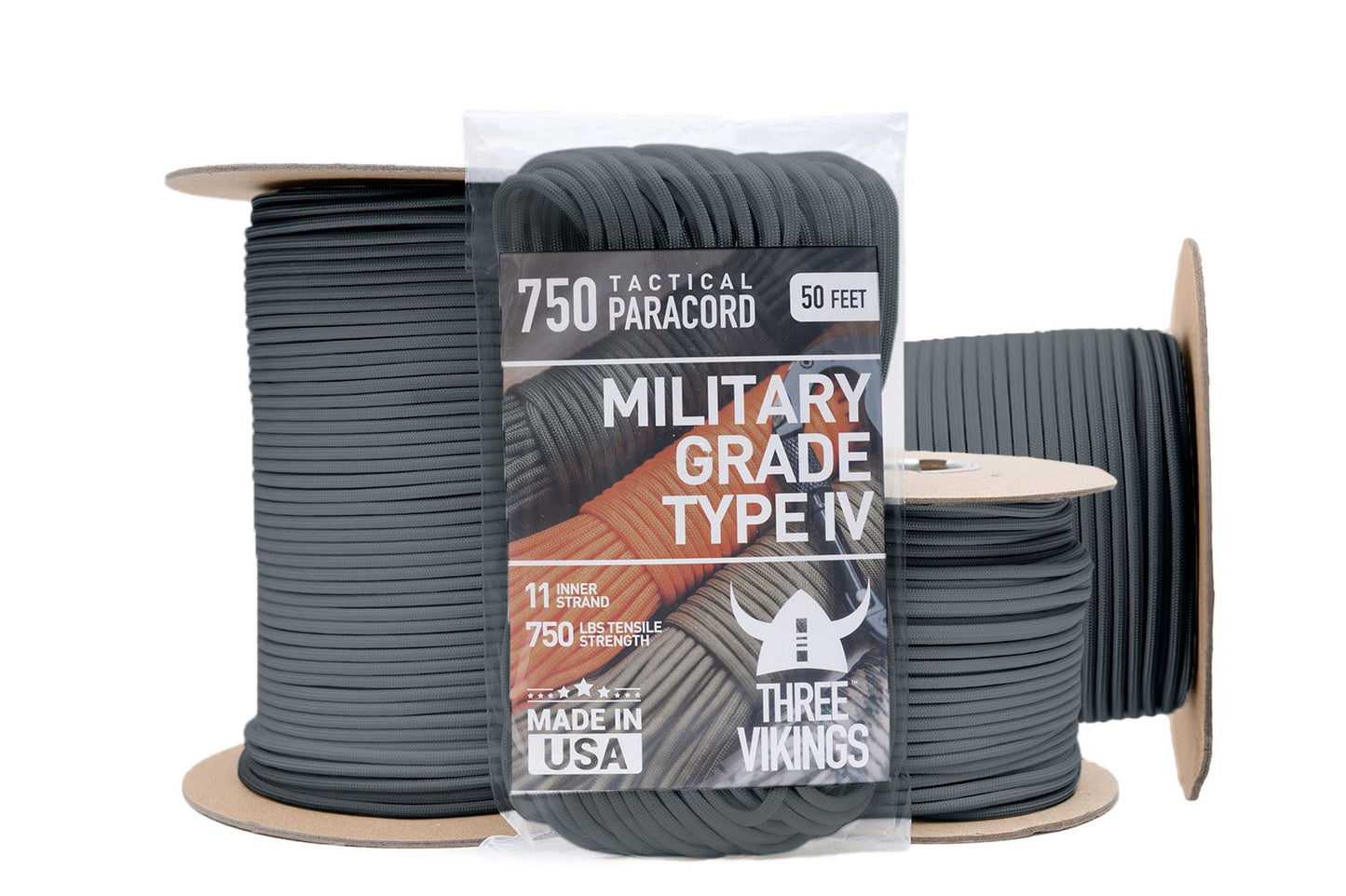 Three Vikings Premium 750 Paracord / Parachute Cord in Many Colors and Continuous Spools - Coiled in Bag - Charcoal Gray 750 lb.
