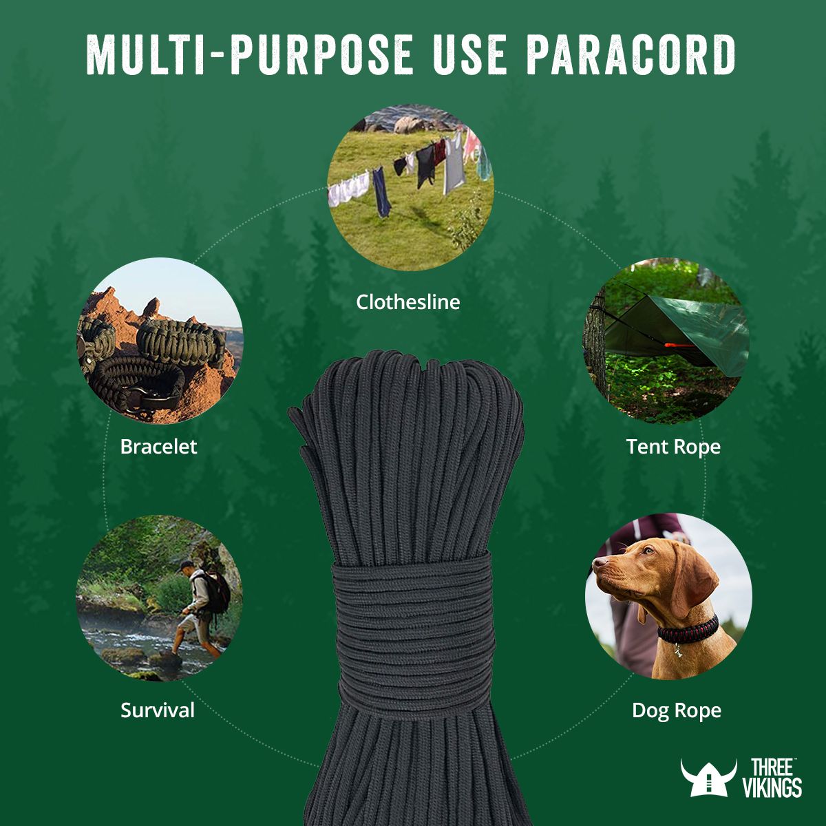 Three Vikings Premium 750 Paracord / Parachute Cord in Many Colors and Continuous Spools - Coiled in Bag - Charcoal Gray 750 lb.