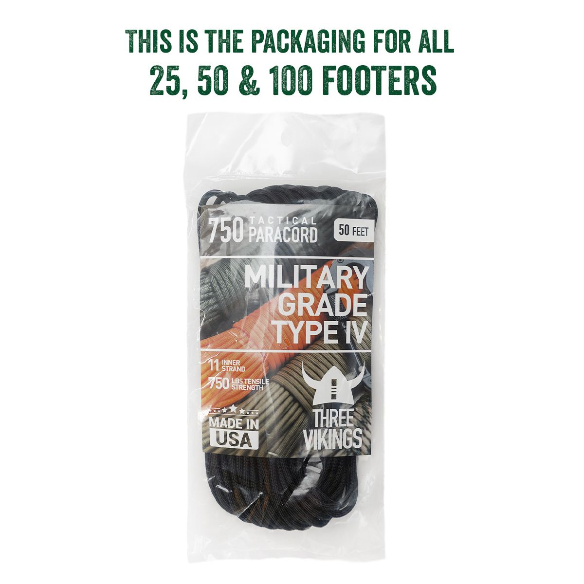 Three Vikings Premium 750 Paracord / Parachute Cord in Many Colors and Continuous Spools - Coiled in Bag - Charcoal Gray 750 lb.