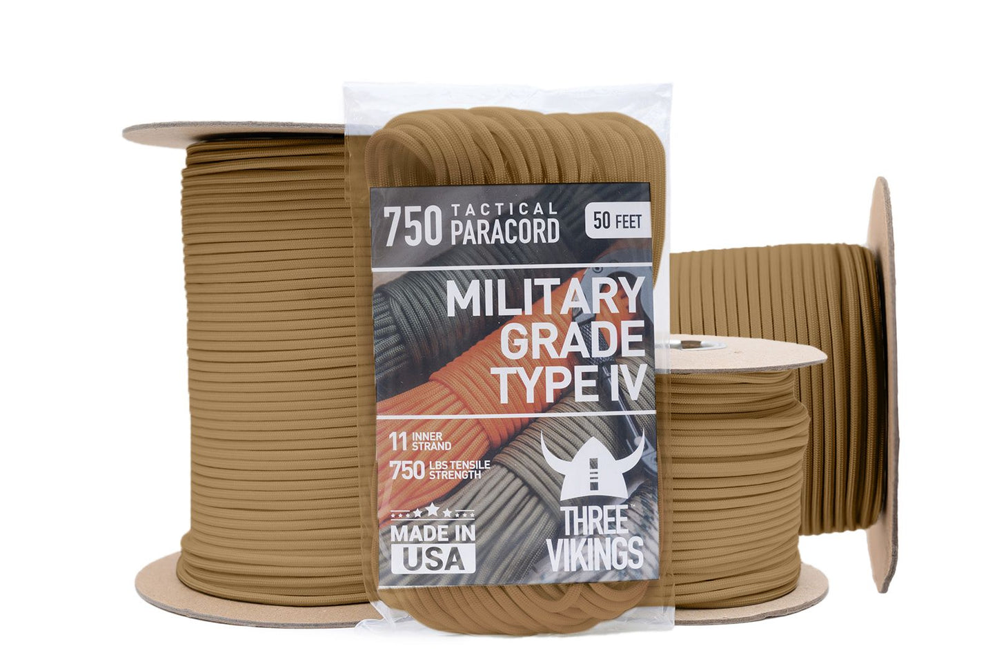 Three Vikings Premium 750 Paracord / Parachute Cord in Many Colors and Continuous Spools - Coiled in Bag - Coyote Brown 750 lb.