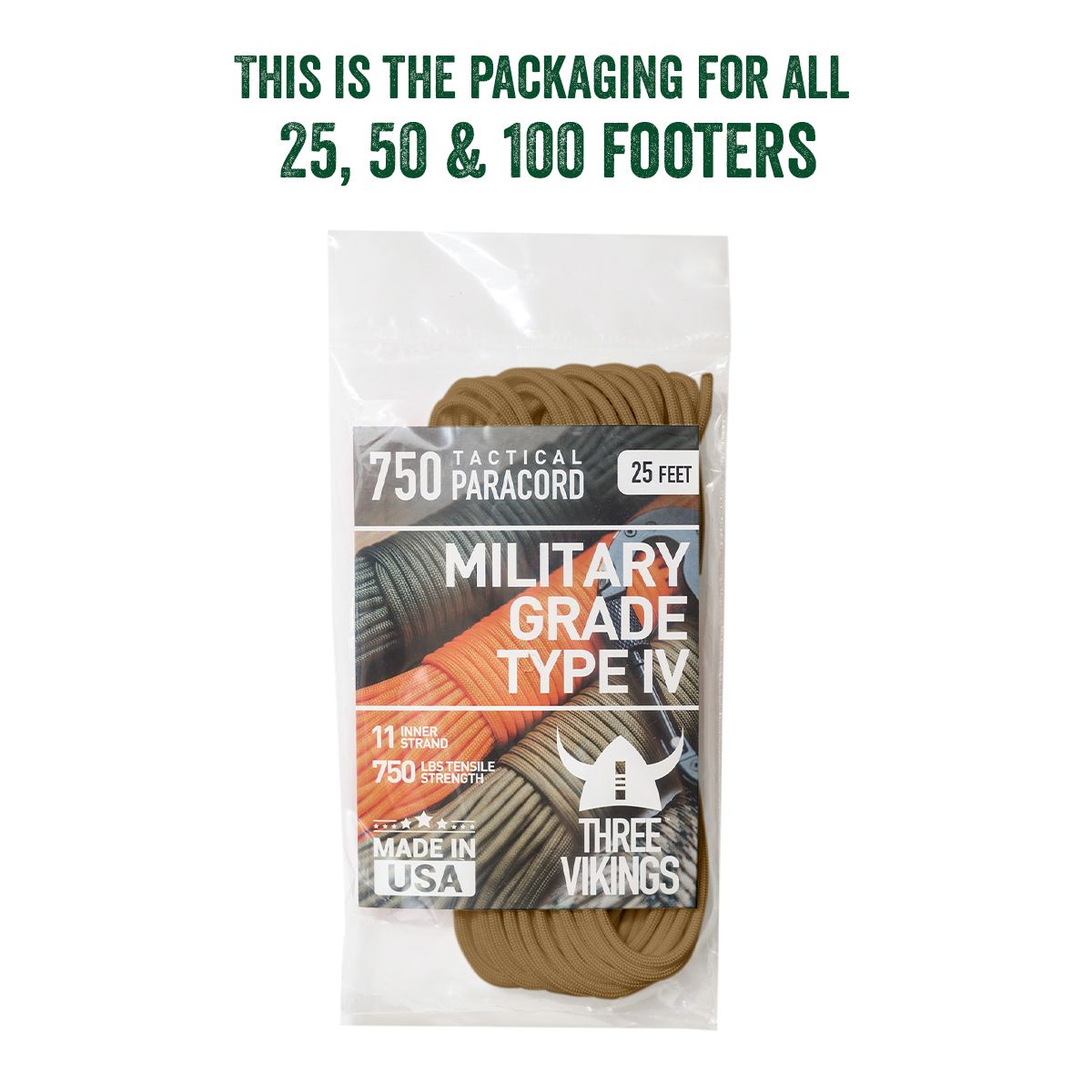 Three Vikings Premium 750 Paracord / Parachute Cord in Many Colors and Continuous Spools - Coiled in Bag - Coyote Brown 750 lb.