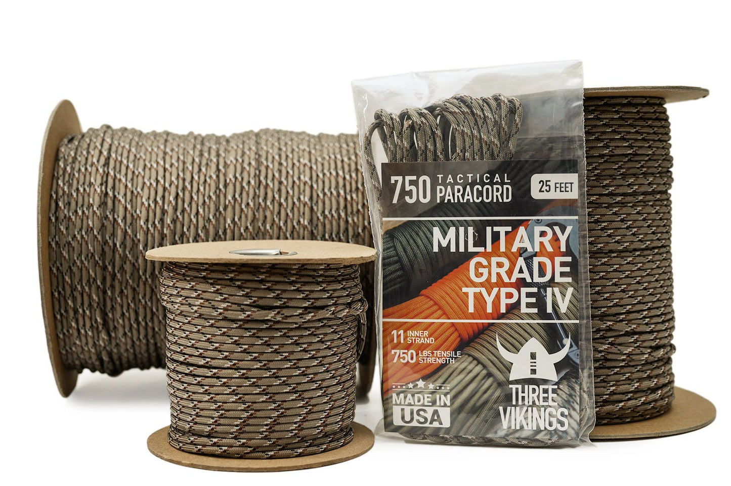 Three Vikings Premium 750 Paracord / Parachute Cord in Many Colors and Continuous Spools - Coiled in Bag - Desert Camo 750 lb.