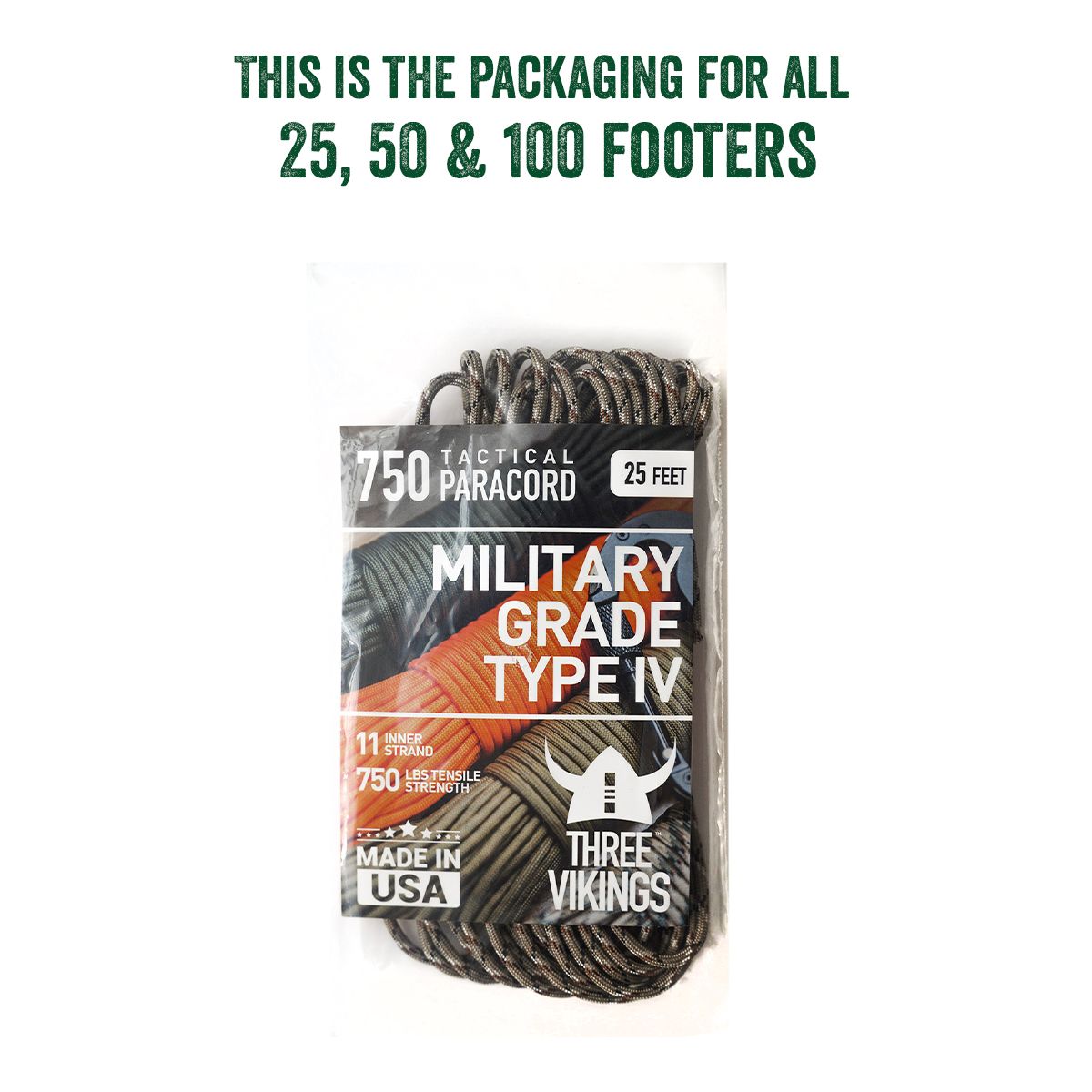 Three Vikings Premium 750 Paracord / Parachute Cord in Many Colors and Continuous Spools - Coiled in Bag - Desert Camo 750 lb.