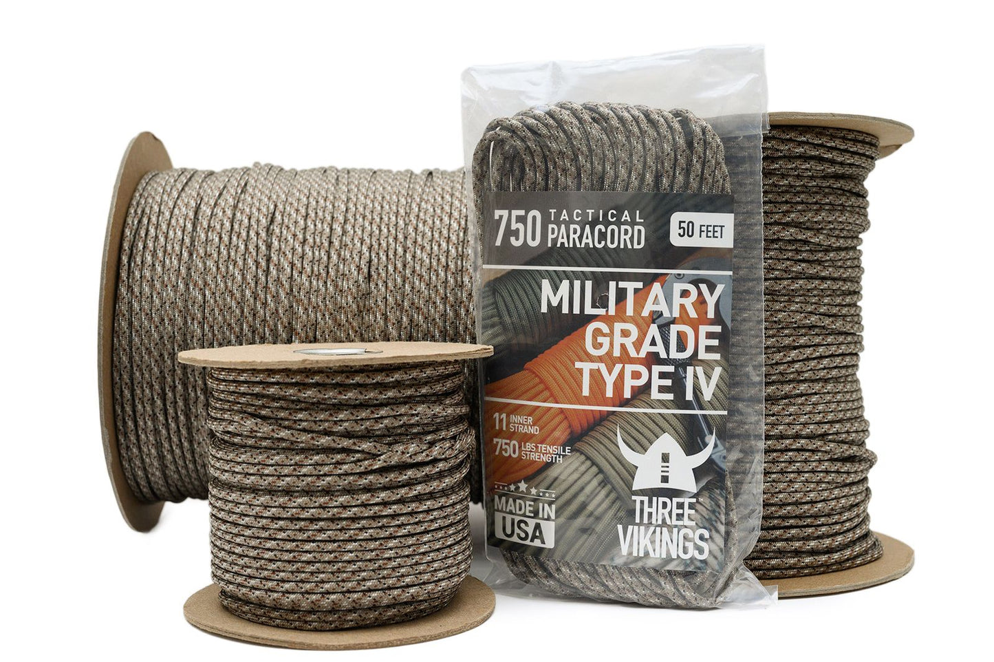 Three Vikings Premium 750 Paracord / Parachute Cord in Many Colors and Continuous Spools - Coiled in Bag - Digital Camo 750 lb.
