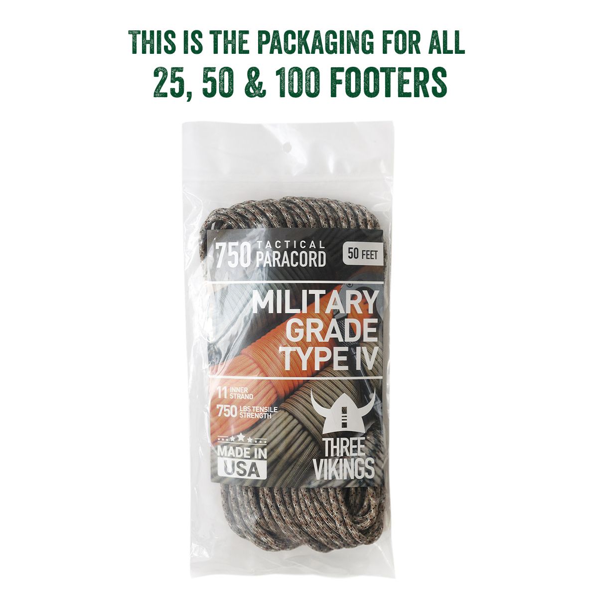 Three Vikings Premium 750 Paracord / Parachute Cord in Many Colors and Continuous Spools - Coiled in Bag - Digital Camo 750 lb.