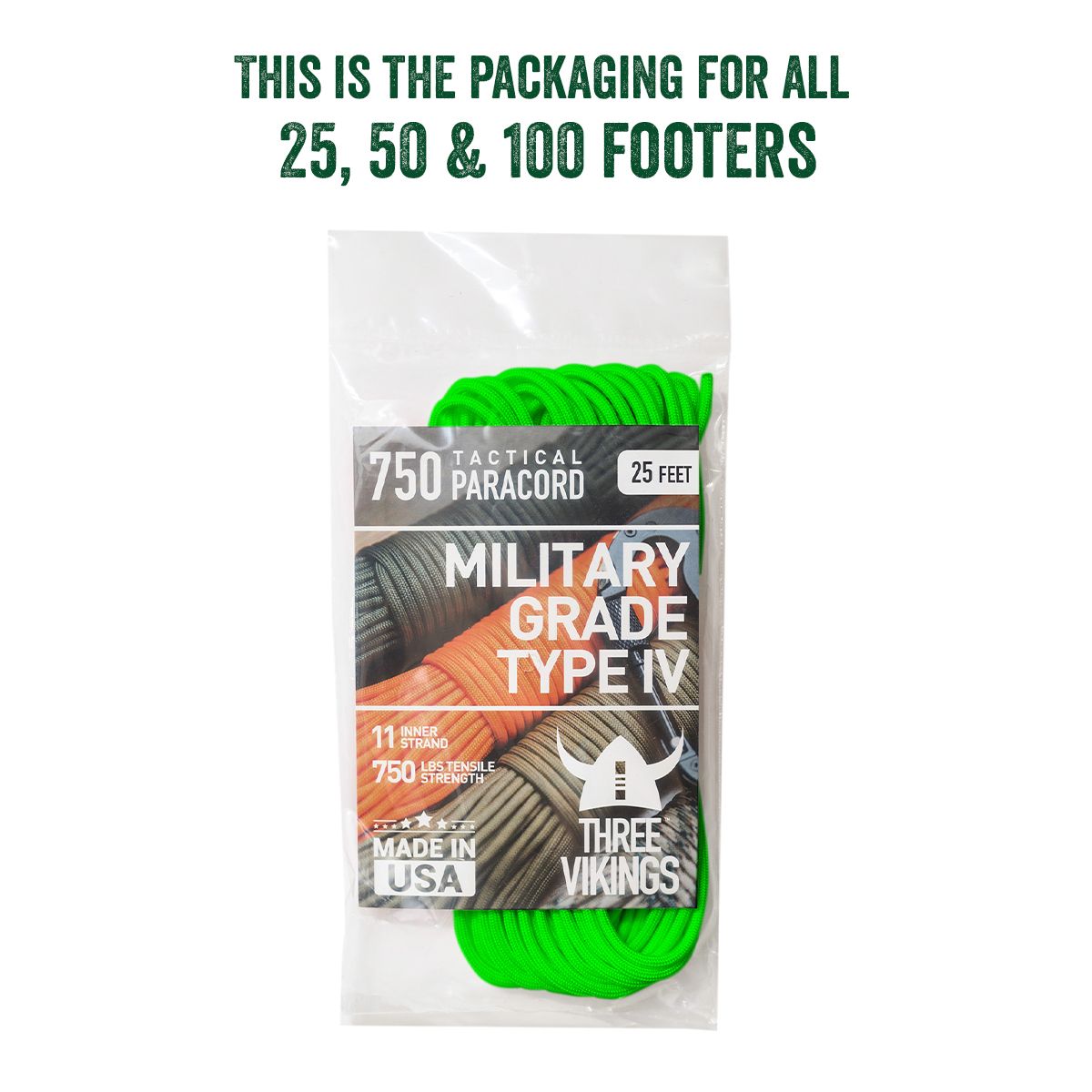 Three Vikings Premium 750 Paracord / Parachute Cord in Many Colors and Continuous Spools - Coiled in Bag - Neon Green 750 lb.