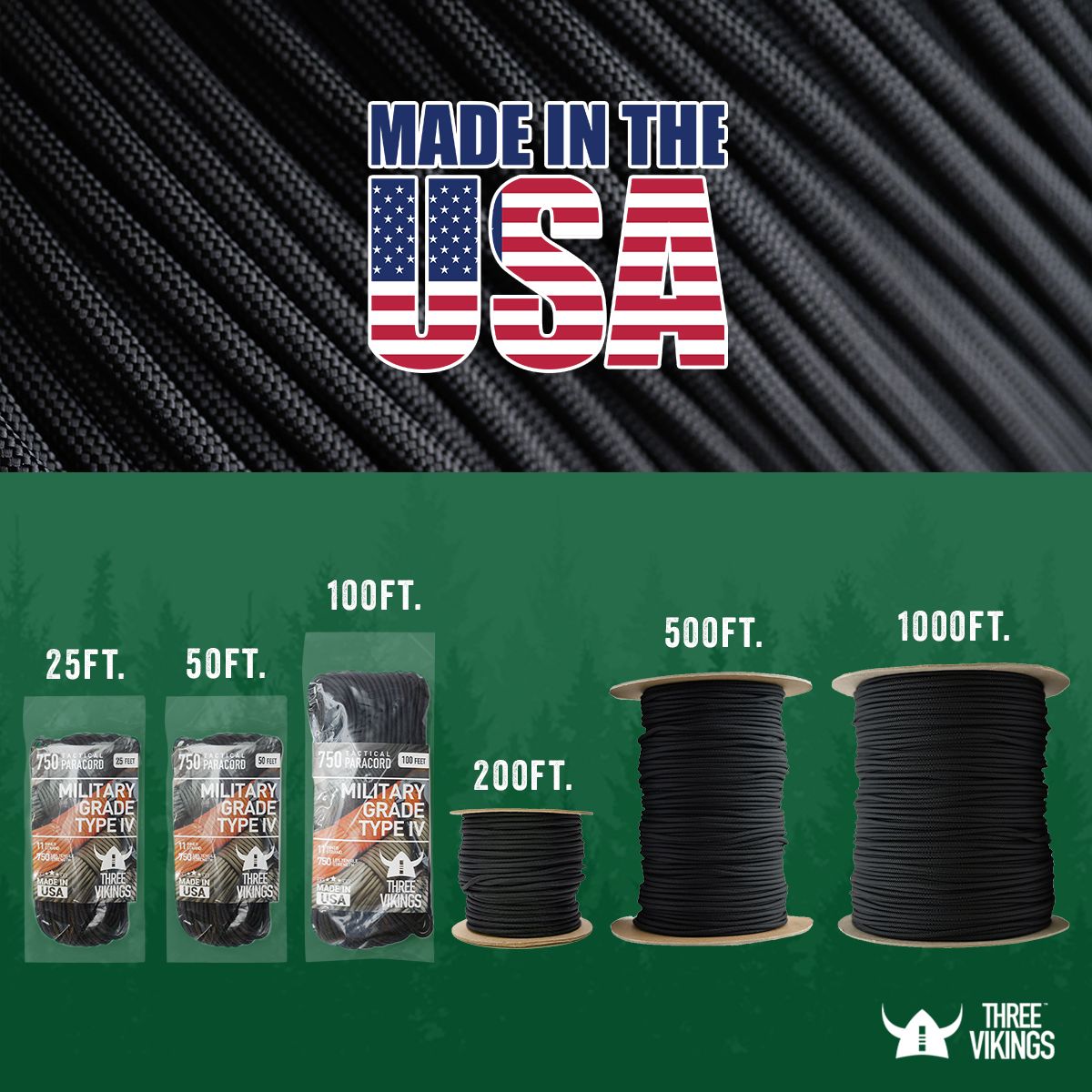 Three Vikings Premium 750 Paracord / Parachute Cord in Many Colors and Continuous Spools - Coiled in Bag - Neon Green 750 lb.