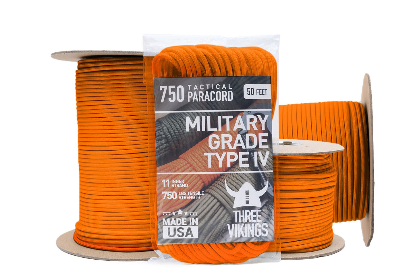 Three Vikings Premium 750 Paracord / Parachute Cord in Many Colors and Continuous Spools - Coiled in Bag - Neon Orange 750 lb.