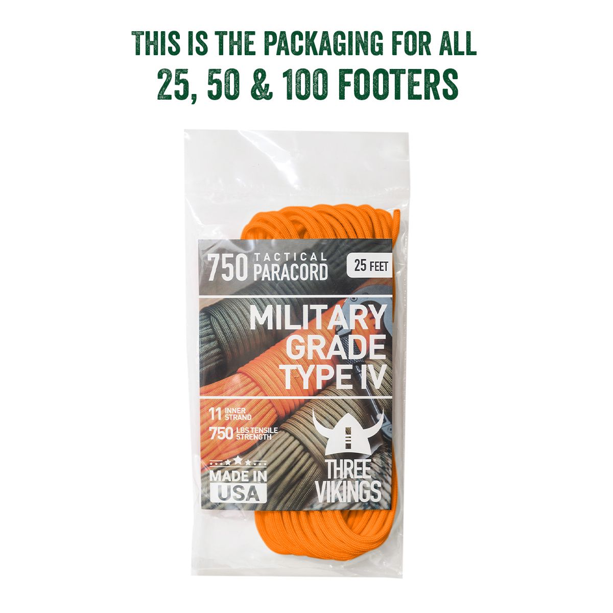 Three Vikings Premium 750 Paracord / Parachute Cord in Many Colors and Continuous Spools - Coiled in Bag - Neon Orange 750 lb.