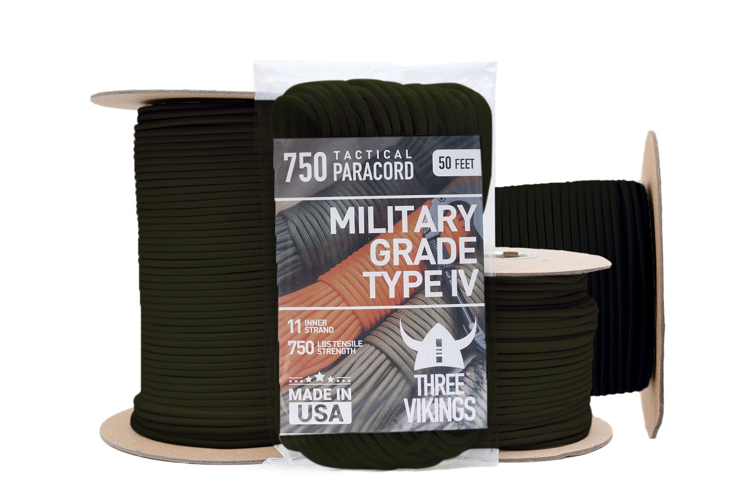 Three Vikings Premium 750 Paracord / Parachute Cord in Many Colors and Continuous Spools - Coiled in Bag - Olive Drab 750 lb.