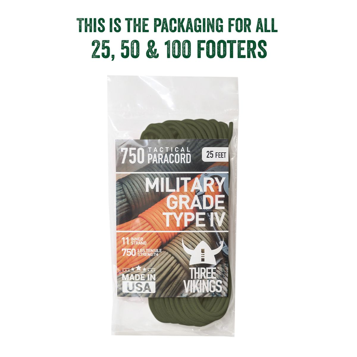 Three Vikings Premium 750 Paracord / Parachute Cord in Many Colors and Continuous Spools - Coiled in Bag - Olive Drab 750 lb.