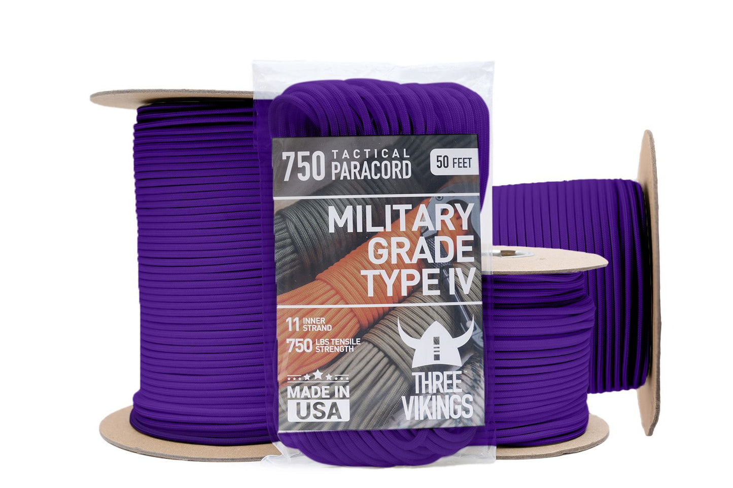 Three Vikings Premium 750 Paracord / Parachute Cord in Many Colors and Continuous Spools - Coiled in Bag - Purple 750 lb.