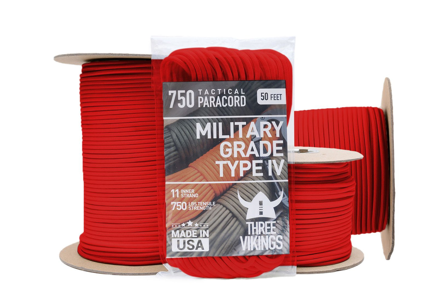 Three Vikings Premium 750 Paracord / Parachute Cord in Many Colors and Continuous Spools - Coiled in Bag - Red 750 lb.