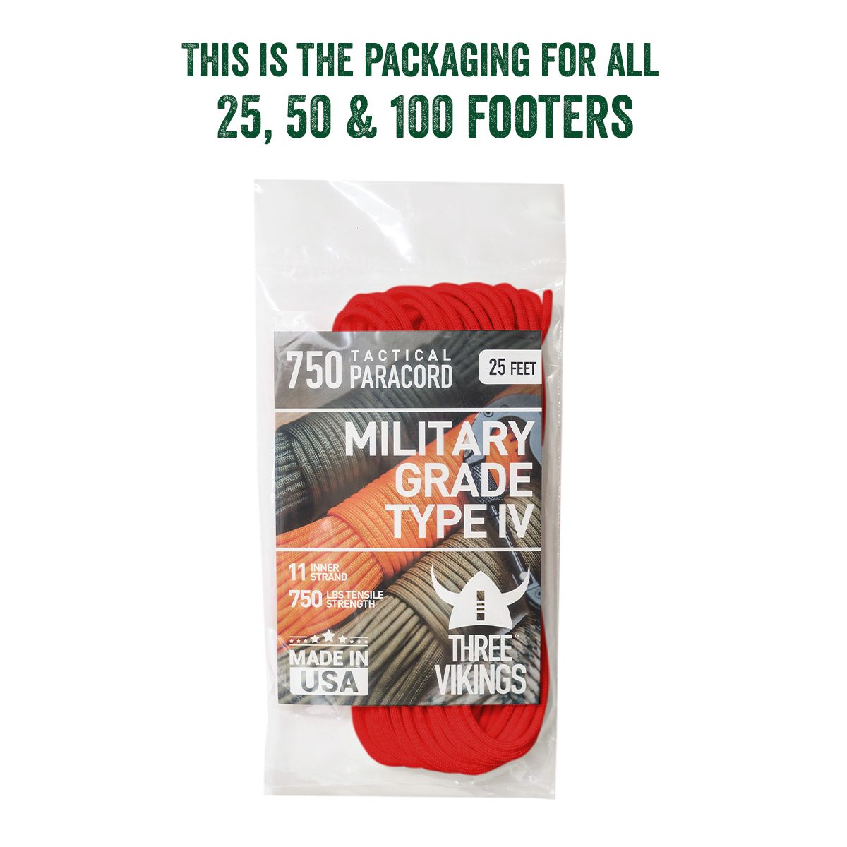 Three Vikings Premium 750 Paracord / Parachute Cord in Many Colors and Continuous Spools - Coiled in Bag - Red 750 lb.