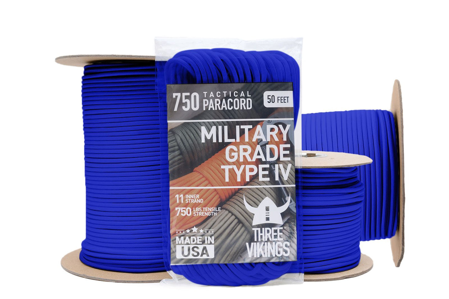 Three Vikings Premium 750 Paracord / Parachute Cord in Many Colors and Continuous Spools - Coiled in Bag - Royal Blue 750 lb.