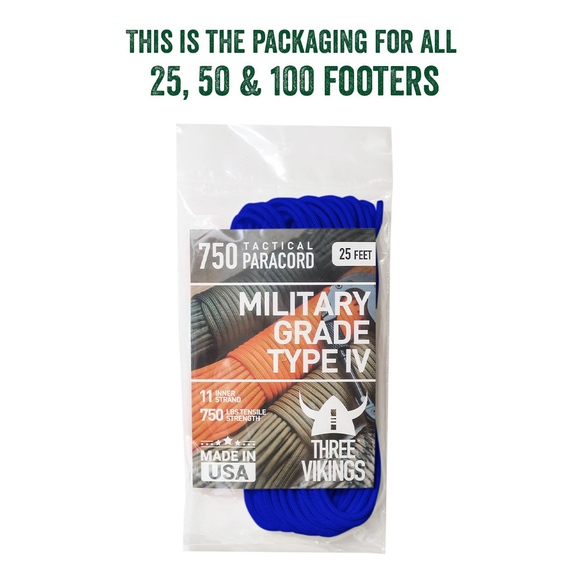 Three Vikings Premium 750 Paracord / Parachute Cord in Many Colors and Continuous Spools - Coiled in Bag - Royal Blue 750 lb.