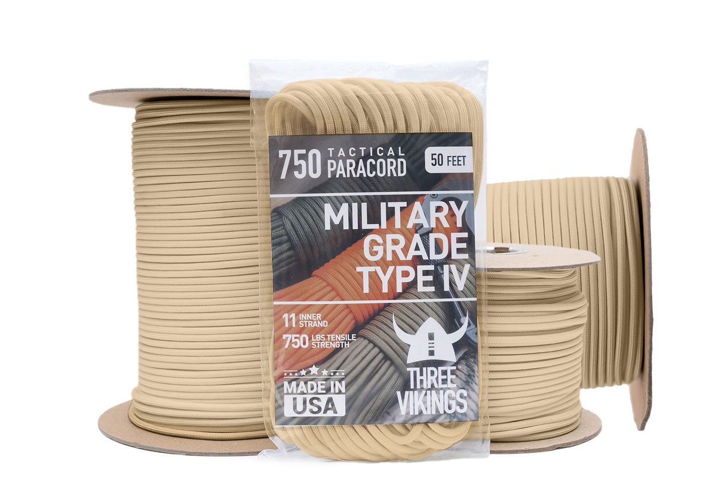 Three Vikings Premium 750 Paracord / Parachute Cord in Many Colors and Continuous Spools - Coiled in Bag - Tan 750 lb.