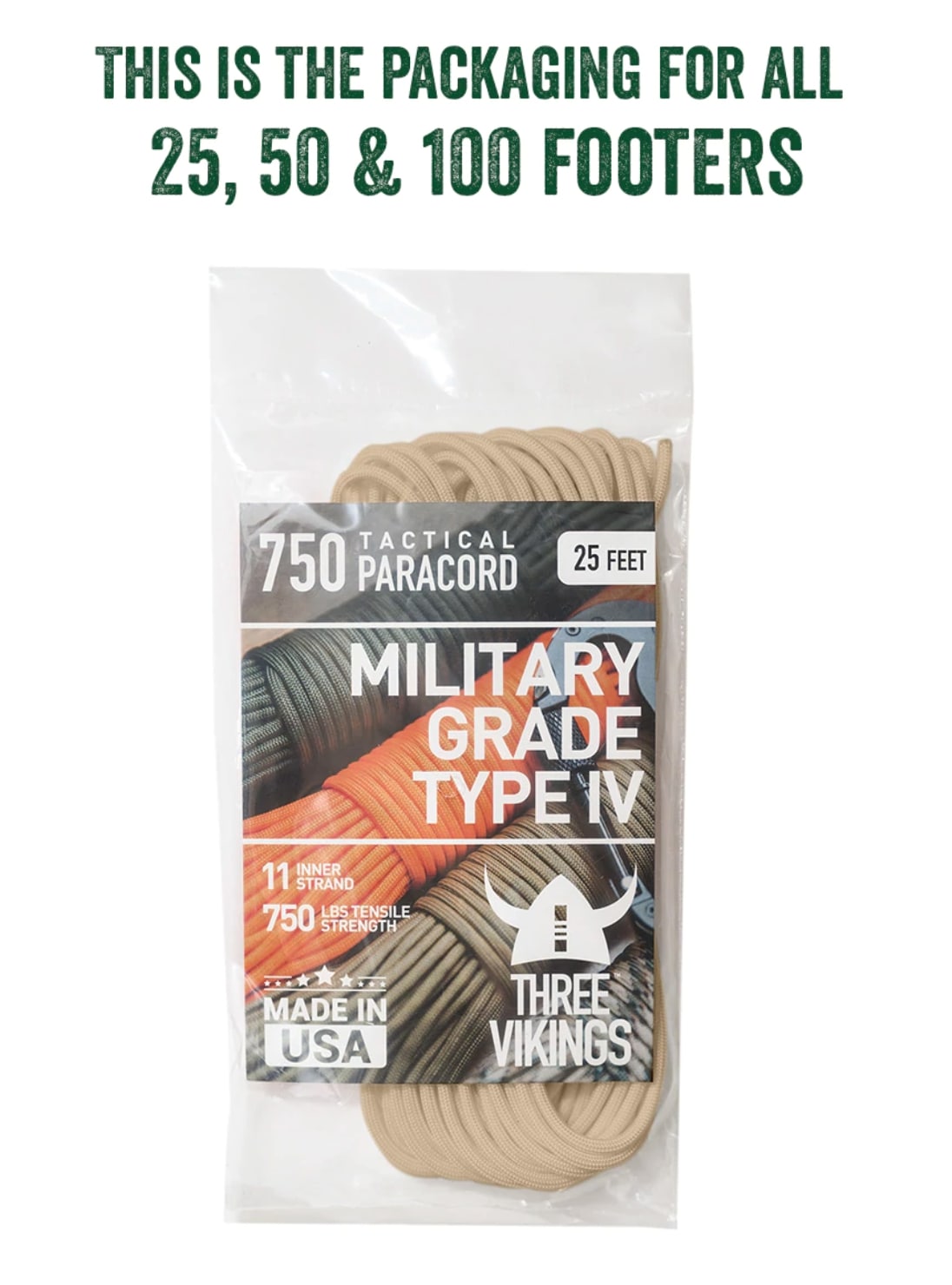 Three Vikings Premium 750 Paracord / Parachute Cord in Many Colors and Continuous Spools - Coiled in Bag - Tan 750 lb.