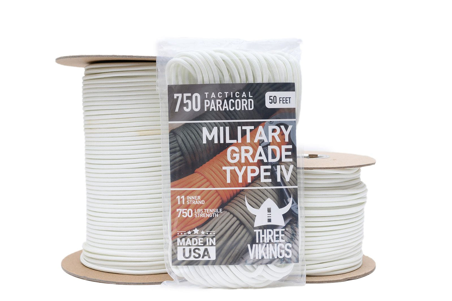 Three Vikings Premium 750 Paracord / Parachute Cord in Many Colors and Continuous Spools - Coiled in Bag - White 750 lb.
