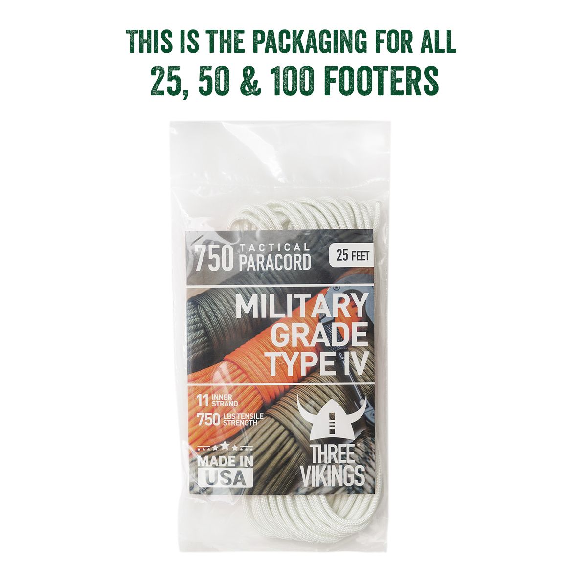 Three Vikings Premium 750 Paracord / Parachute Cord in Many Colors and Continuous Spools - Coiled in Bag - White 750 lb.