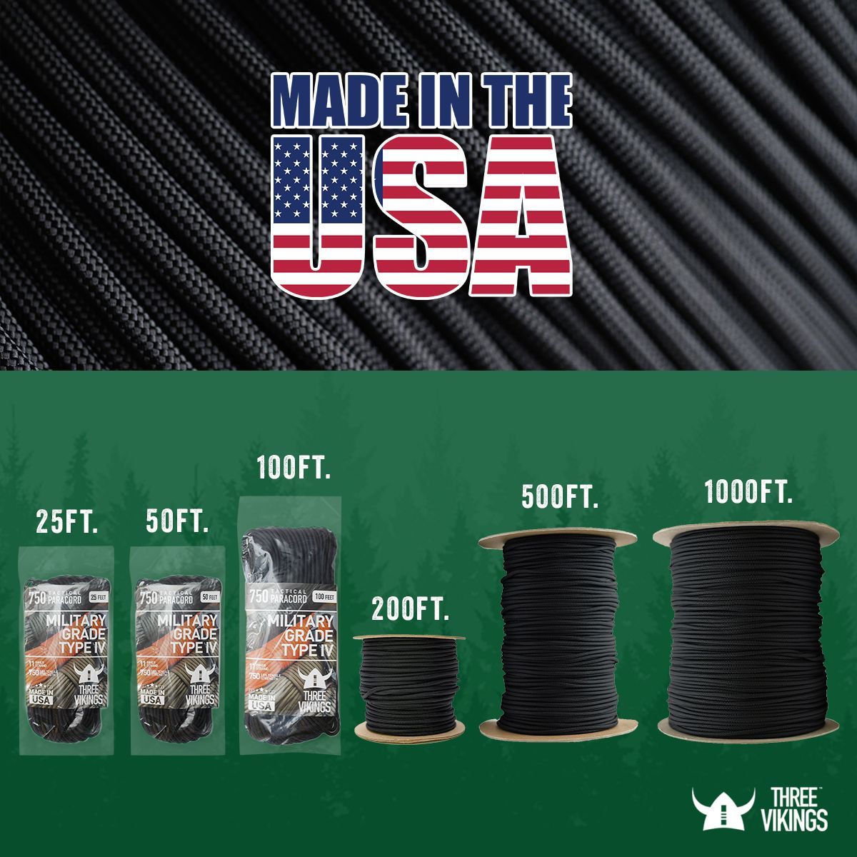 Three Vikings Premium 750 Paracord / Parachute Cord in Many Colors and Continuous Spools - Coiled in Bag - White 750 lb.