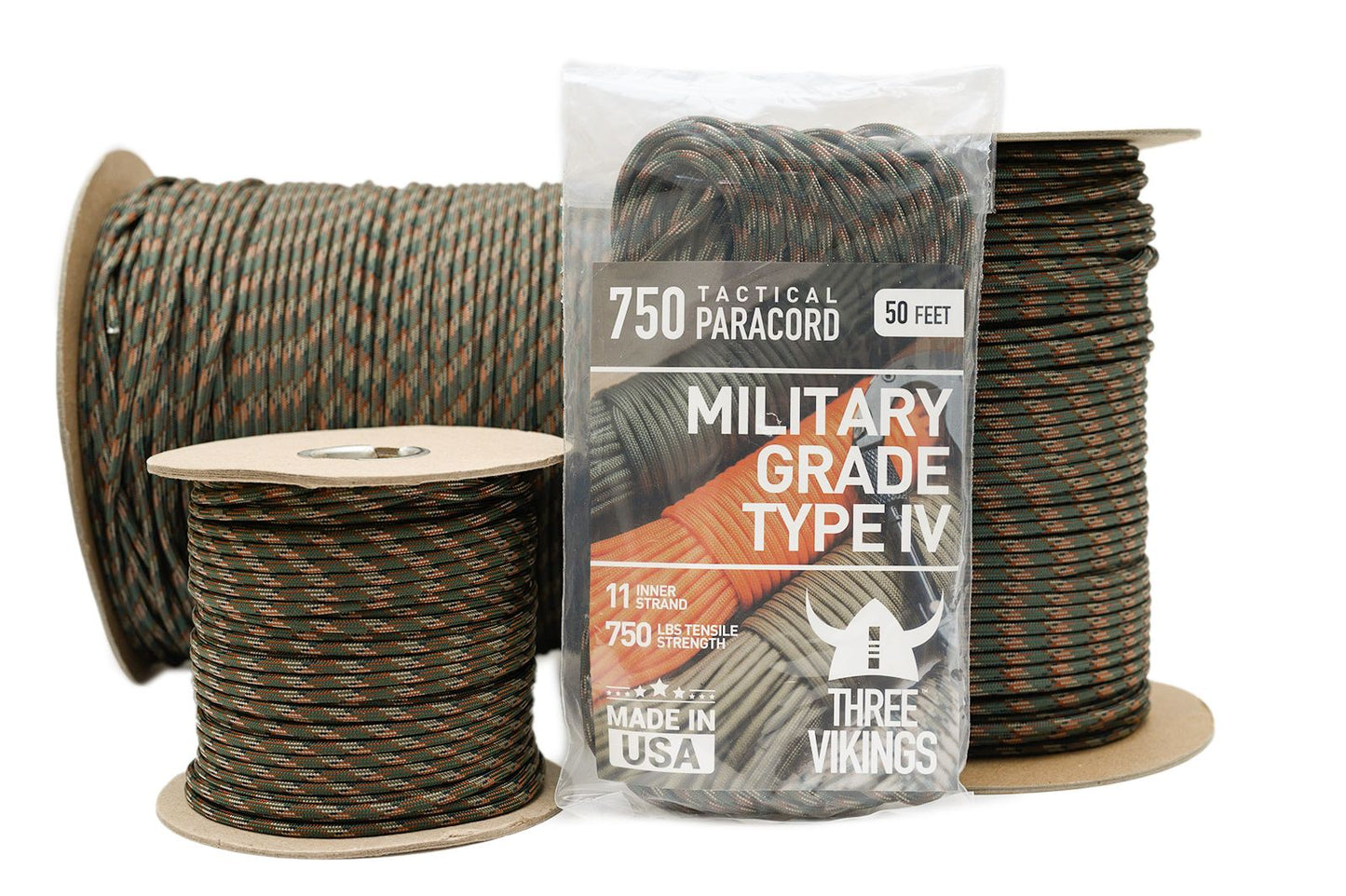 Three Vikings Premium 750 Paracord / Parachute Cord in Many Colors and Continuous Spools - Coiled in Bag - Woodland Camo 750 lb.
