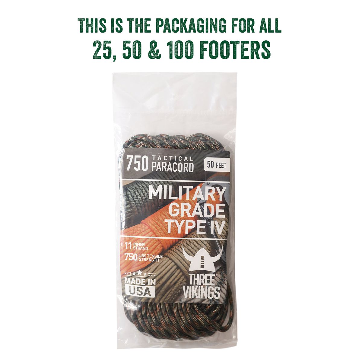 Three Vikings Premium 750 Paracord / Parachute Cord in Many Colors and Continuous Spools - Coiled in Bag - Woodland Camo 750 lb.