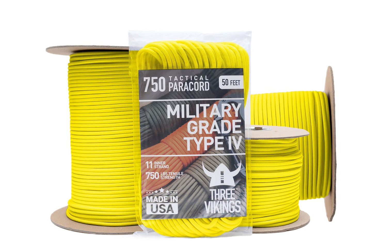 Three Vikings Premium 750 Paracord / Parachute Cord in Many Colors and Continuous Spools - Coiled in Bag - Yellow 750 lb.