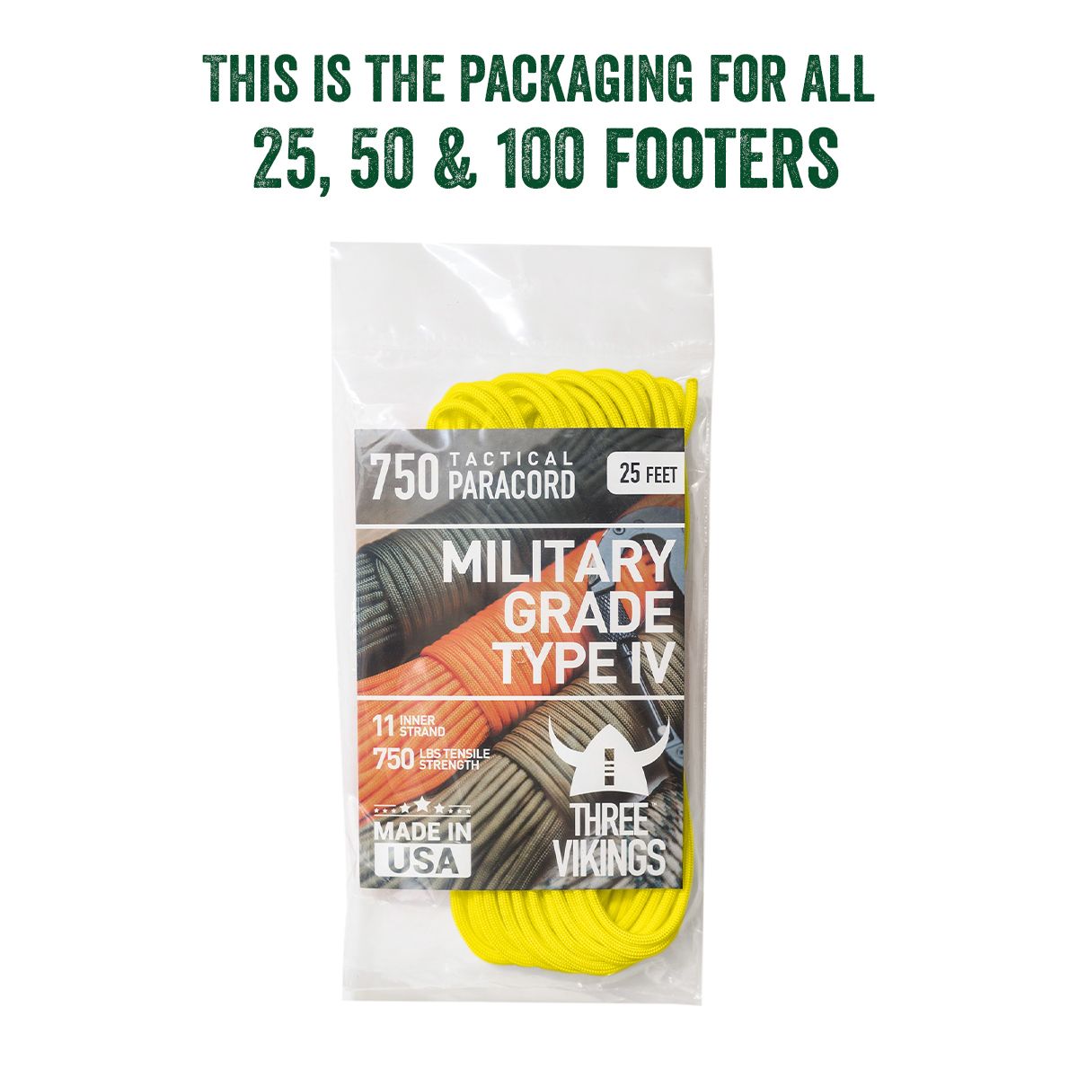 Three Vikings Premium 750 Paracord / Parachute Cord in Many Colors and Continuous Spools - Coiled in Bag - Yellow 750 lb.