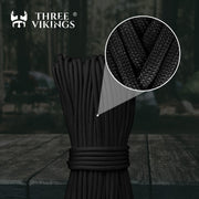 Three Vikings Premium Paracord Rope / Parachute Cord - 750lbs Type IV - 11 Strand Core - in Many Colors and Continuous Spools - Black
