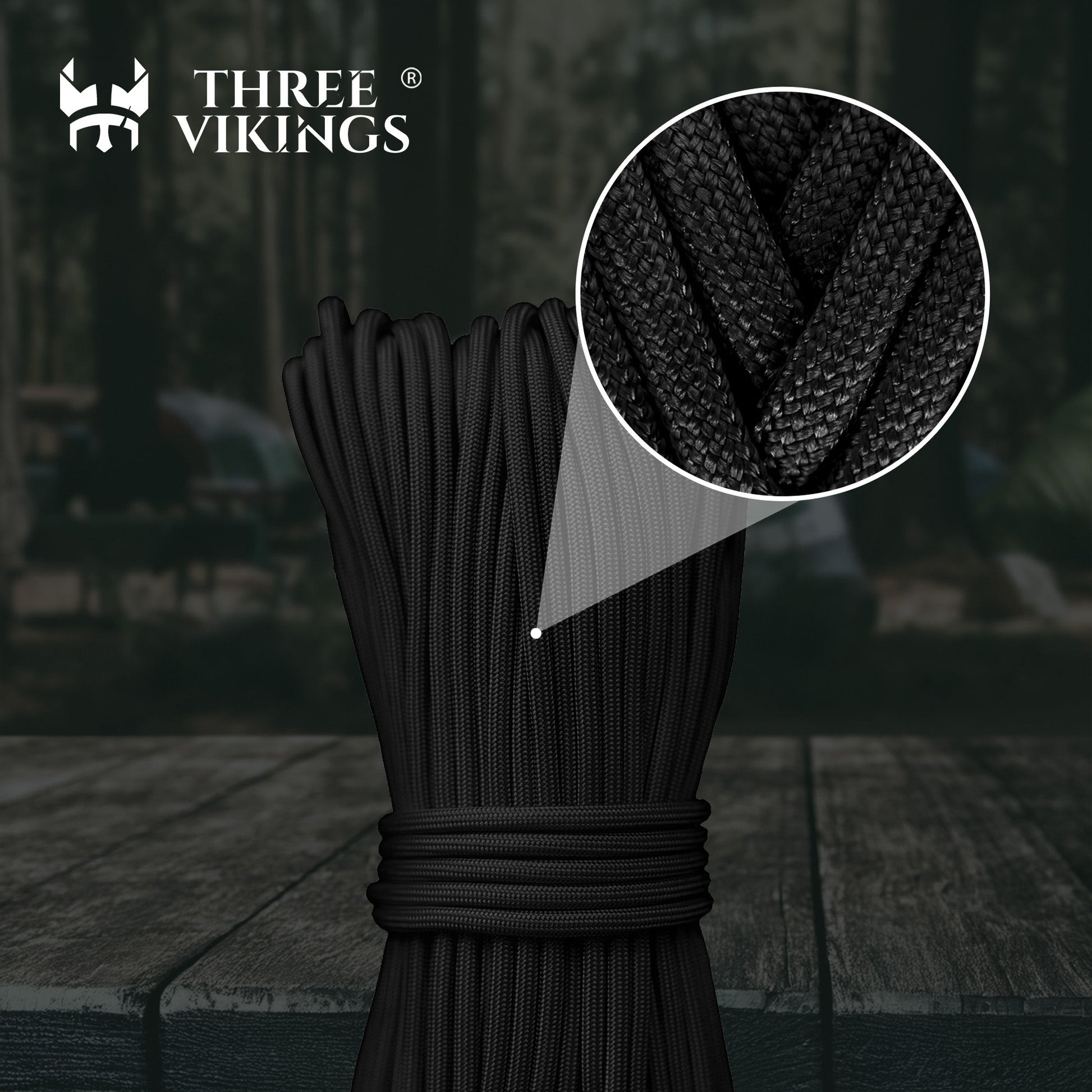 Three Vikings Premium Paracord Rope / Parachute Cord - 750lbs Type IV - 11 Strand Core - in Many Colors and Continuous Spools - Black