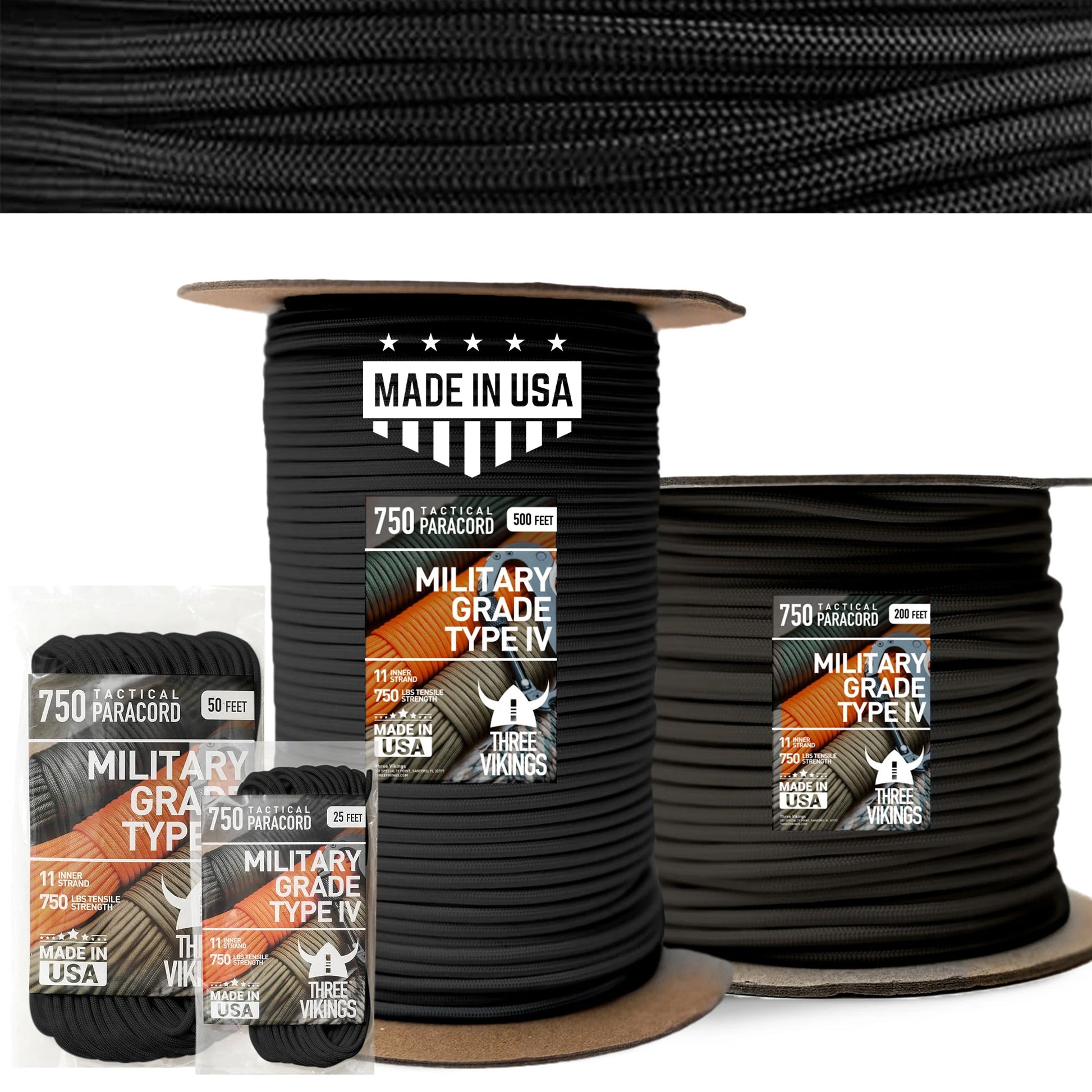 Three Vikings Premium Paracord Rope / Parachute Cord - 750lbs Type IV - 11 Strand Core - in Many Colors and Continuous Spools - Black