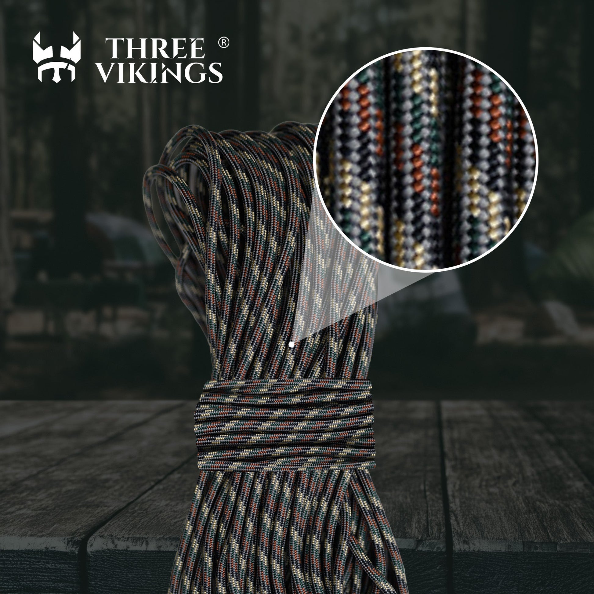 Three Vikings Premium Paracord Rope / Parachute Cord - 750lbs Type IV - 11 Strand Core - in Many Colors and Continuous Spools - Camo