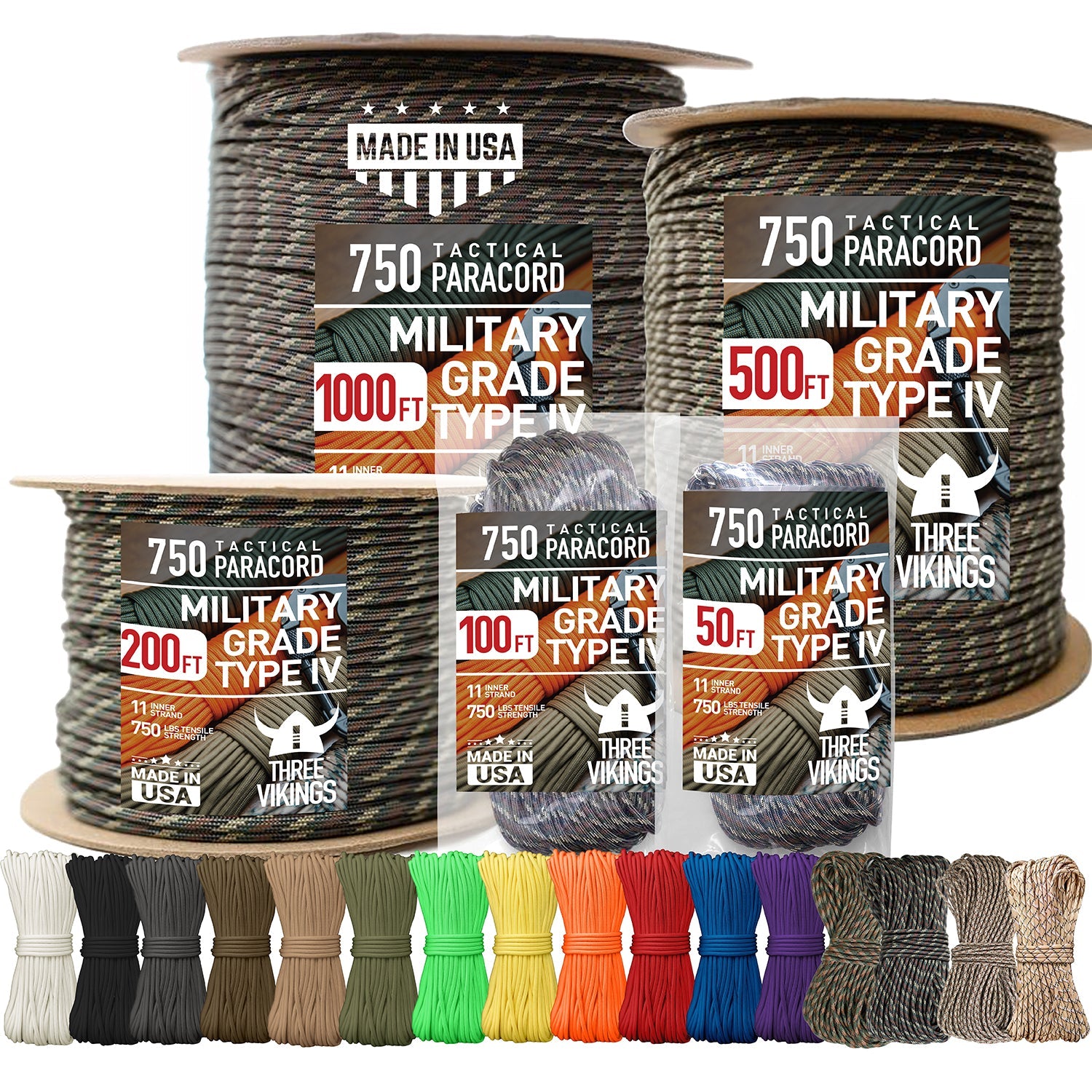 Three Vikings Premium Paracord Rope / Parachute Cord - 750lbs Type IV - 11 Strand Core - in Many Colors and Continuous Spools - Camo