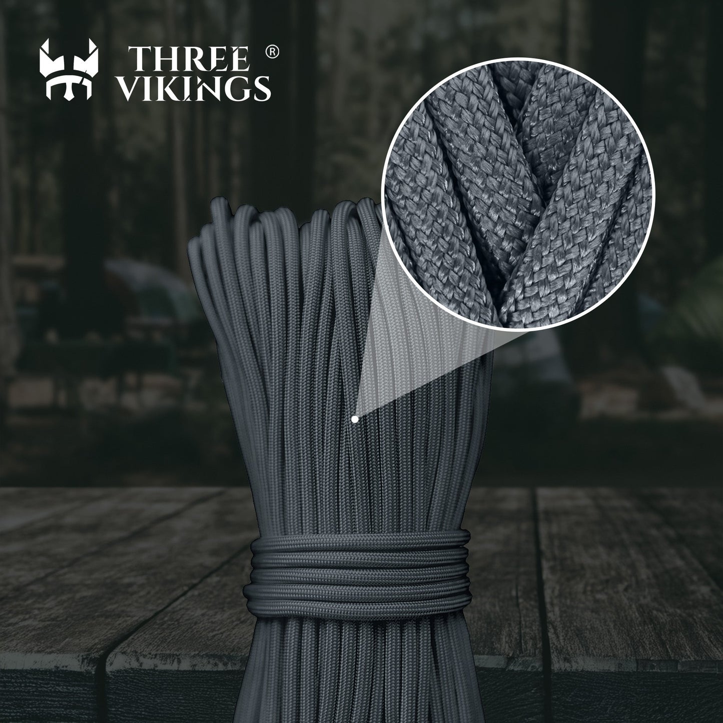 Three Vikings Premium Paracord Rope / Parachute Cord - 750lbs Type IV - 11 Strand Core - in Many Colors and Continuous Spools - Charcoal Gray