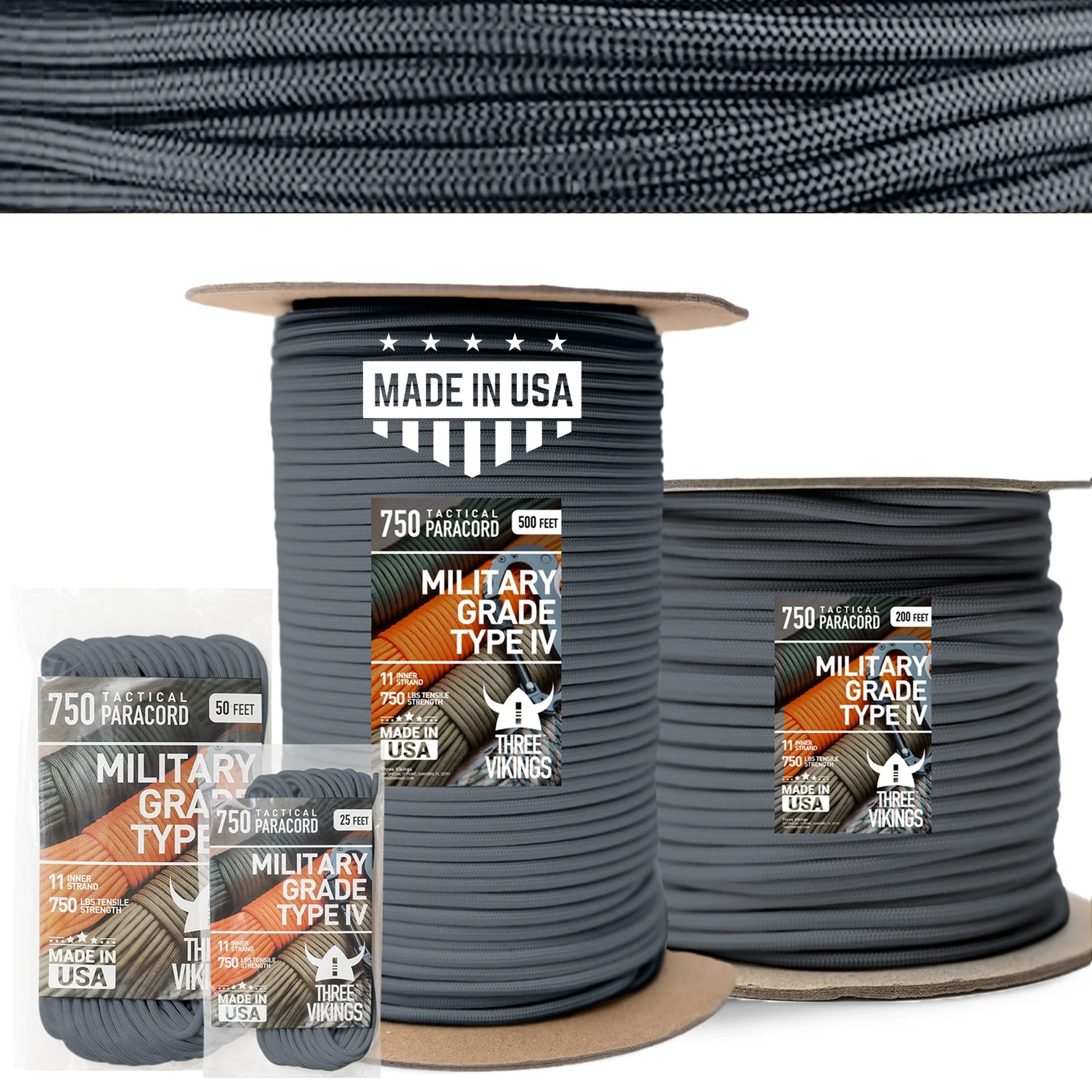 Three Vikings Premium Paracord Rope / Parachute Cord - 750lbs Type IV - 11 Strand Core - in Many Colors and Continuous Spools - Charcoal Gray