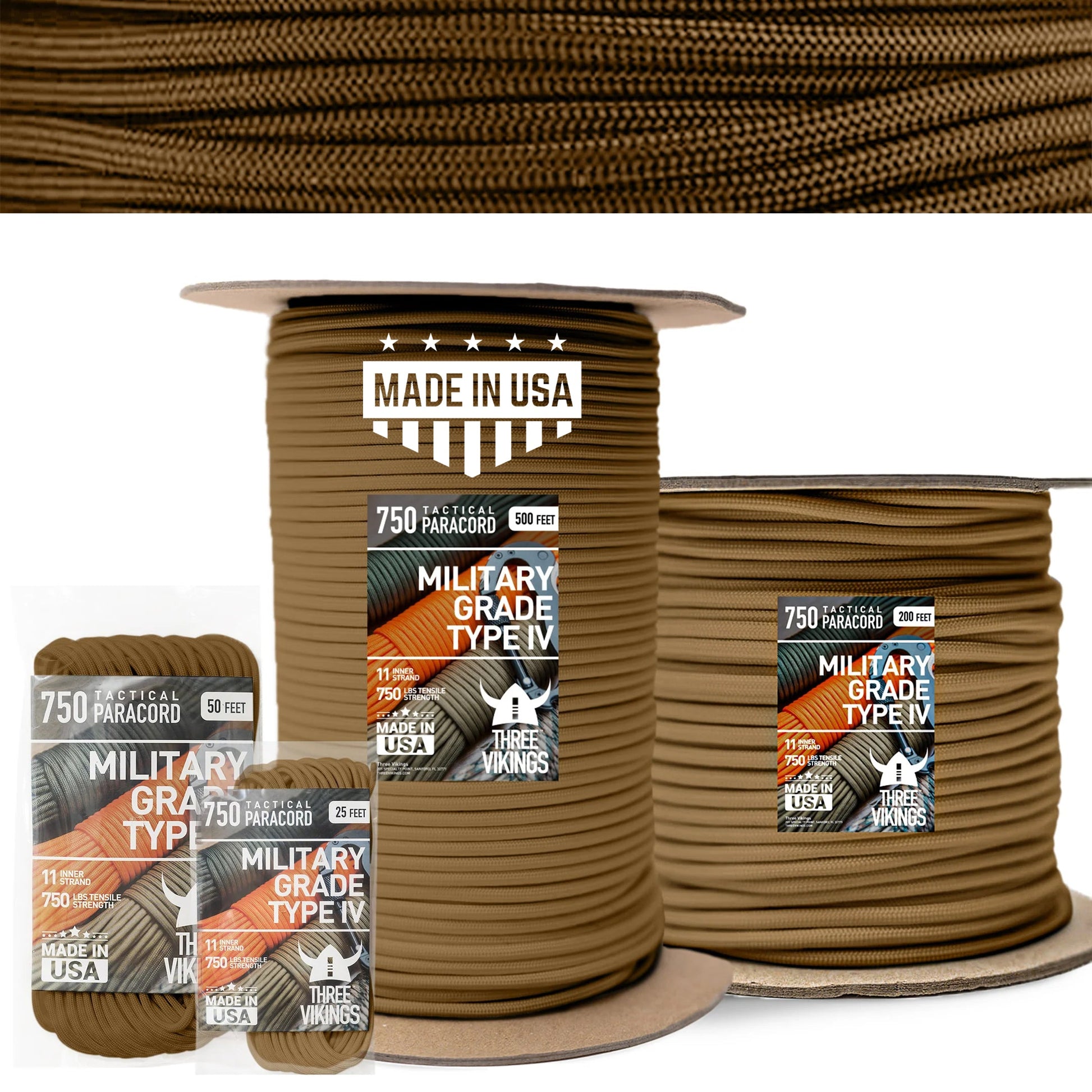 Three Vikings Premium Paracord Rope / Parachute Cord - 750lbs Type IV - 11 Strand Core - in Many Colors and Continuous Spools - Coyote Brown