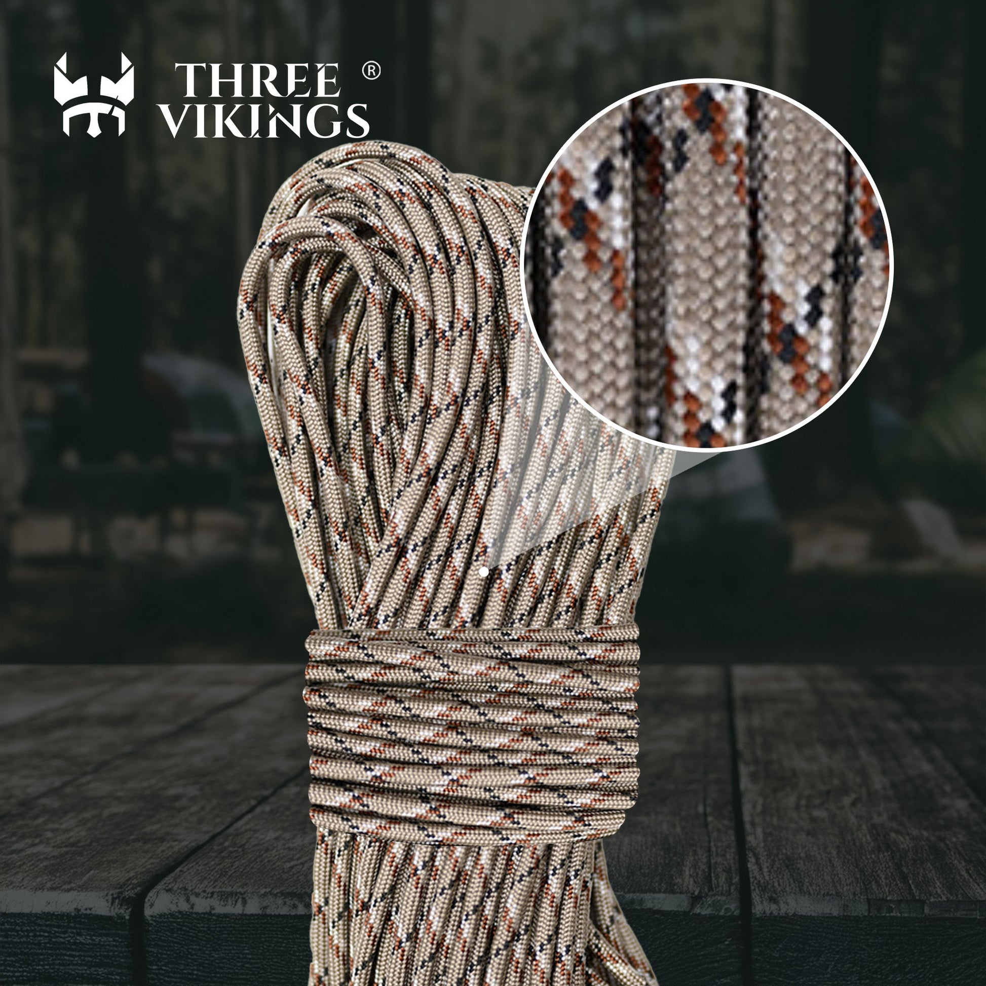 Three Vikings Premium Paracord Rope / Parachute Cord - 750lbs Type IV - 11 Strand Core - in Many Colors and Continuous Spools - Desert Camo