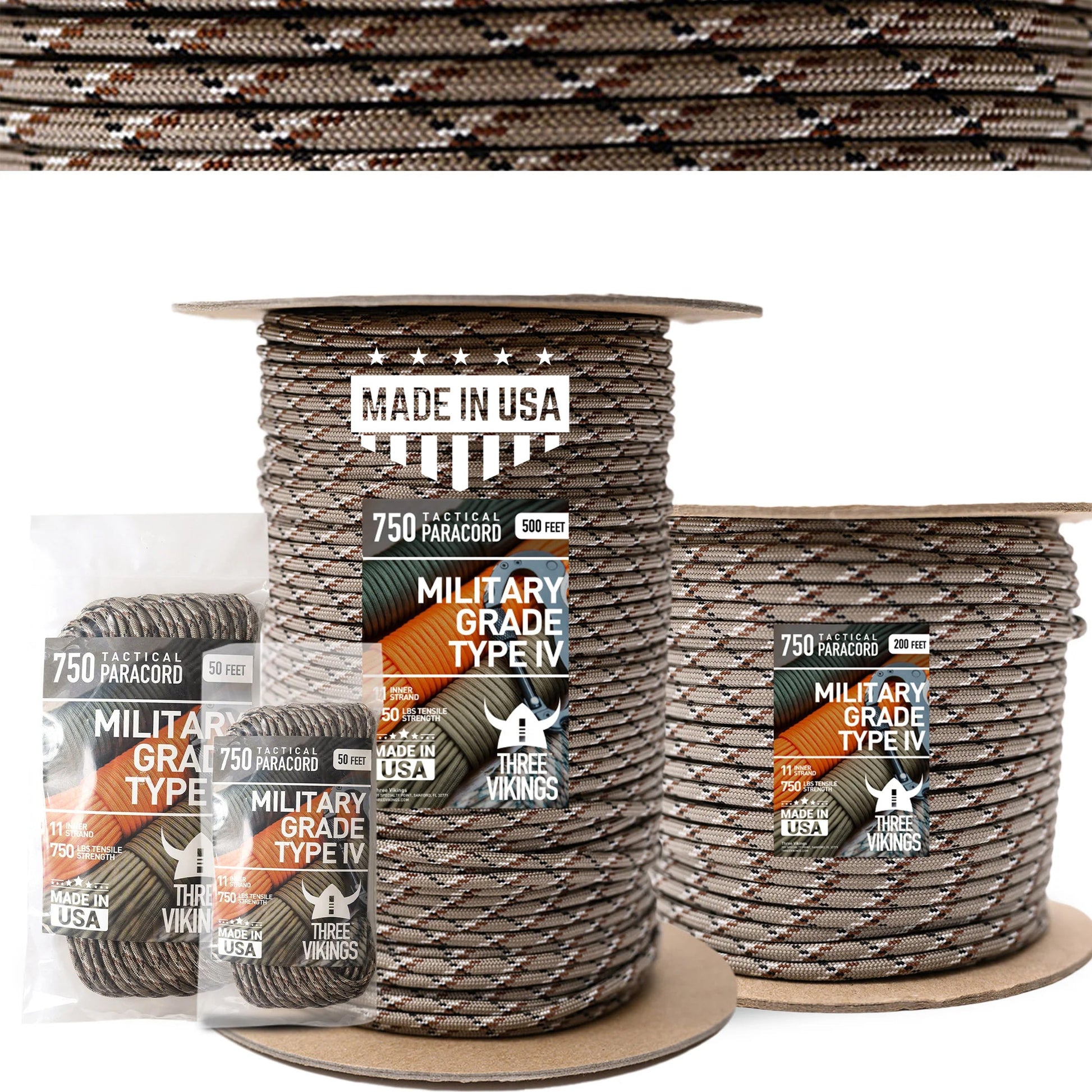 Three Vikings Premium Paracord Rope / Parachute Cord - 750lbs Type IV - 11 Strand Core - in Many Colors and Continuous Spools - Desert Camo