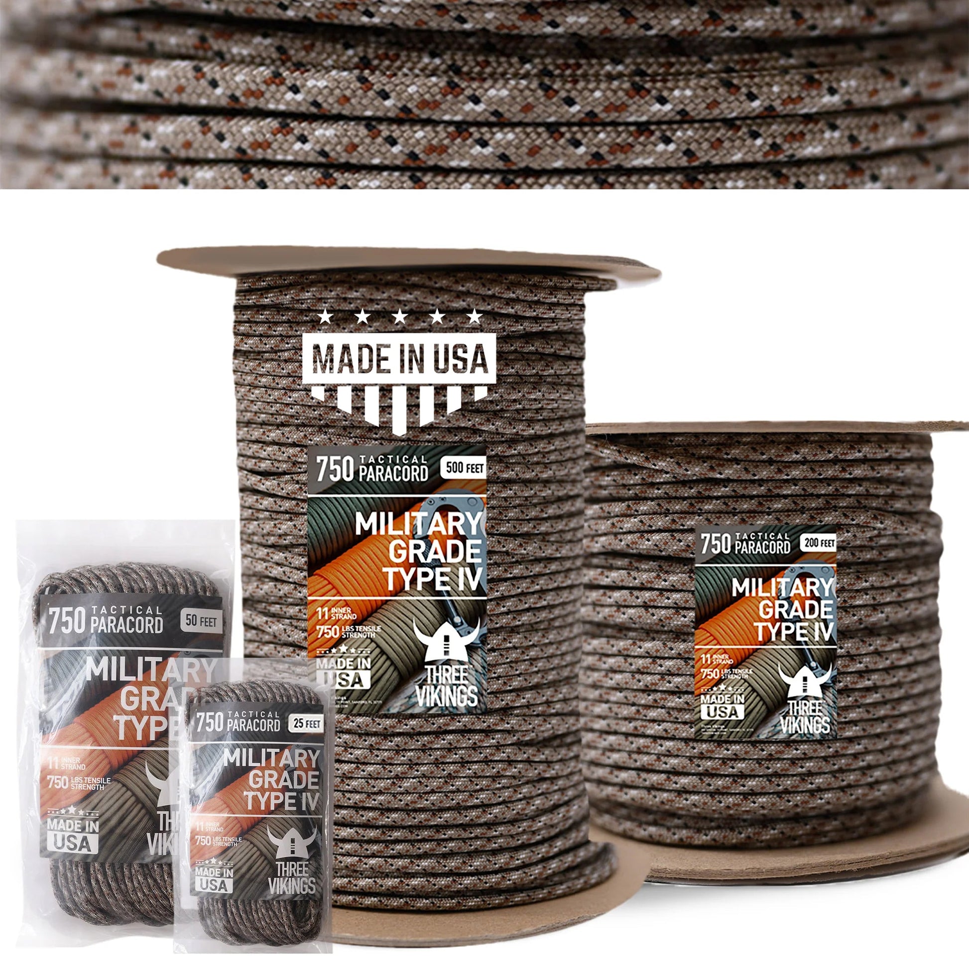 Three Vikings Premium Paracord Rope / Parachute Cord - 750lbs Type IV - 11 Strand Core - in Many Colors and Continuous Spools - Digital Camo